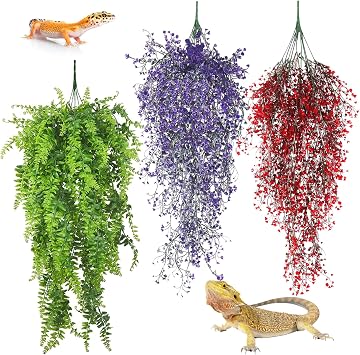 PINVNBY 3 Pack Reptile Plants Terrarium Hanging Fake Vines with Suction Cup Artificial Leaves for Bearded Dragons Lizards Geckos Snake Hermit Crab Green, Purple and Red