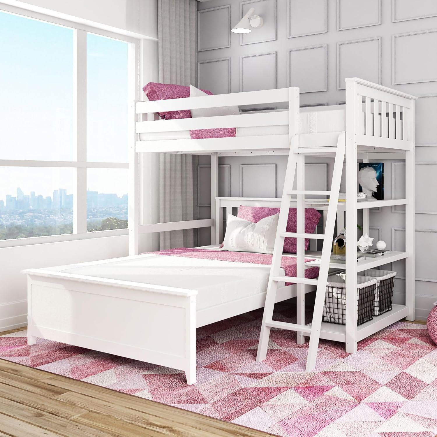 Max & Lily Classic Twin Over Full Bunk Bed, L-Shape, with Bookcase, White