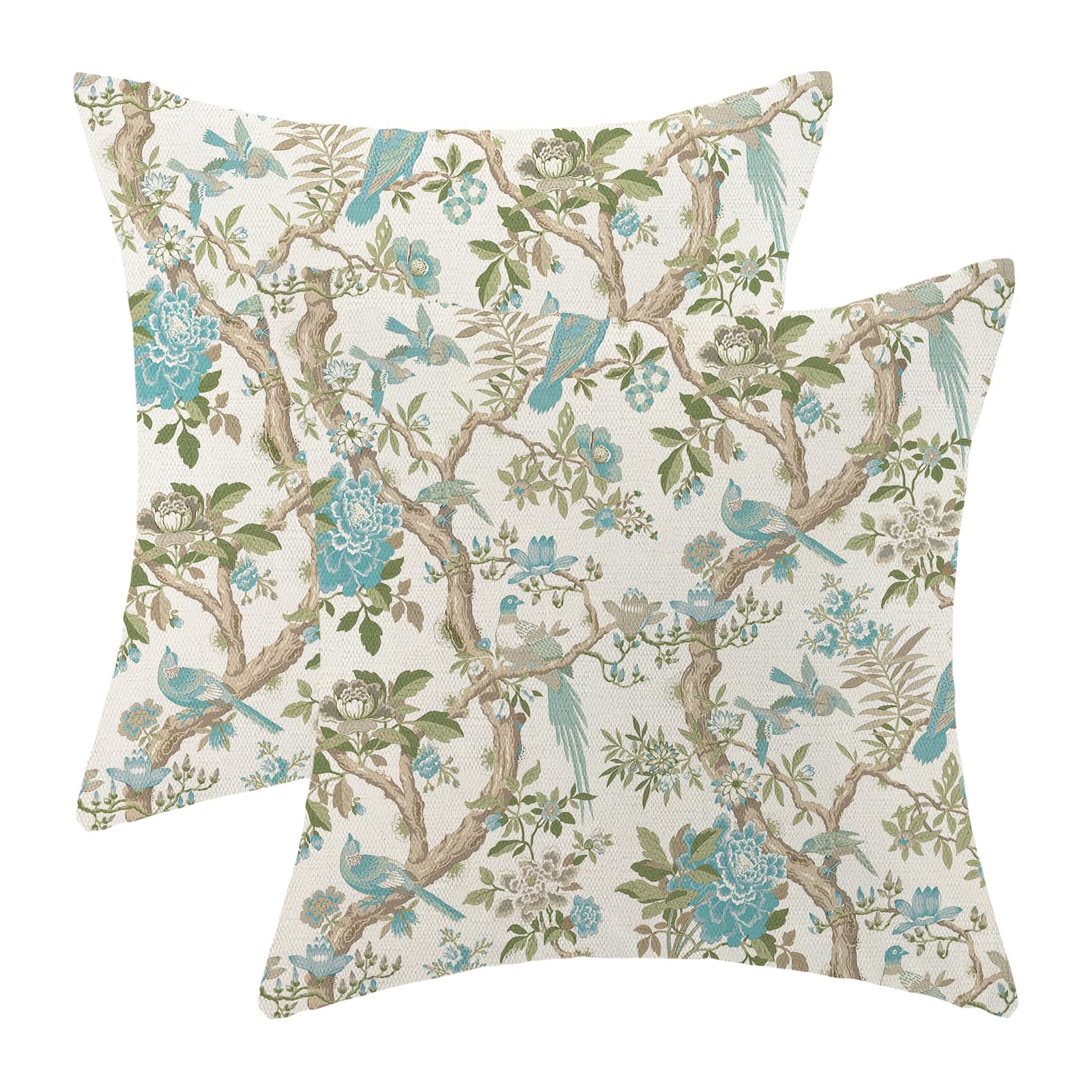 Yxuiyal Chinoiserie Pillow Covers 18x18 Set of 2 Teal Green Floral Birds Throw Pillow Covers Outdoor Decoration Vintage Spring Summer Flower