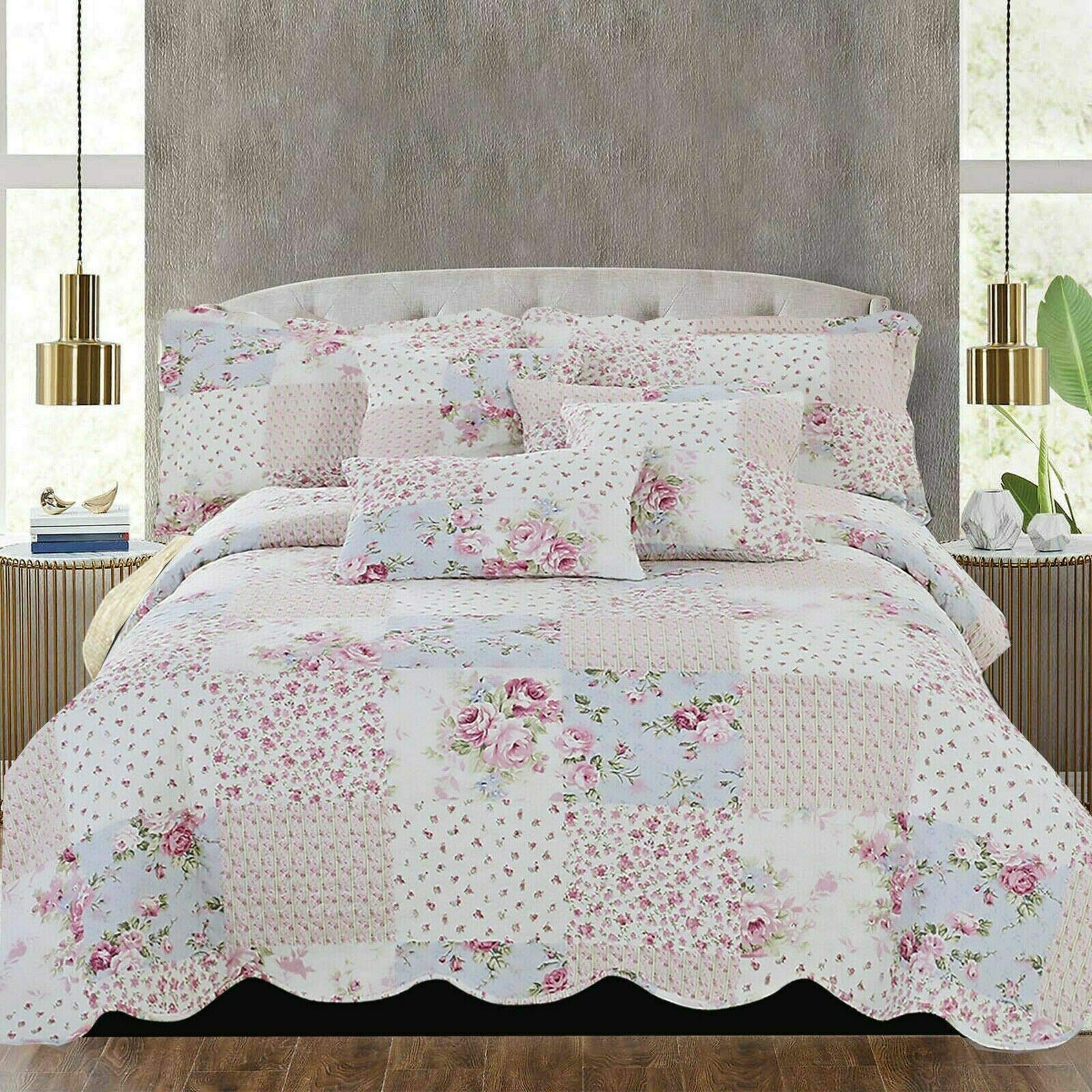 Luxury Quilted Printed Patchwork Bedspread Comforter Throw Set with Pillow Shams (Meadow, Single)