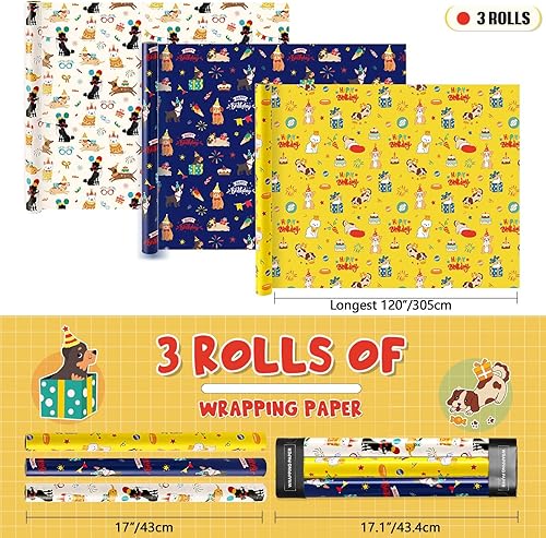 Miniatura 2 de Rollos de papel de regalo para perros, 3 rollos de 17 x 120 pulgadas, rollos de papel de regalo de cumpleaños para niños, rollos de papel de regalo