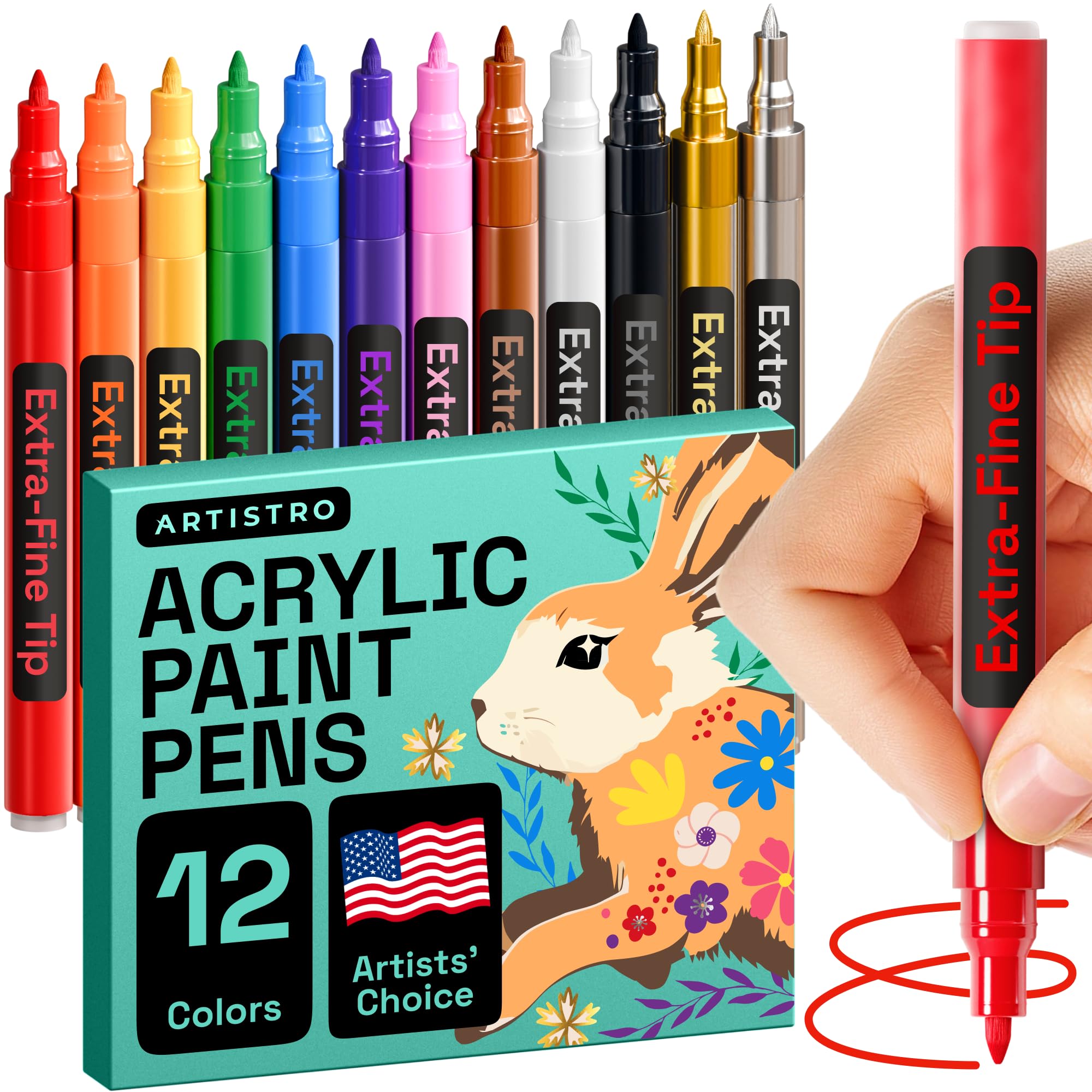 ARTISTRO 12 Acrylic Paint Pens, Fabric Markers for Textile, Rock, Glass, Wood, Paper, Ceramic, Canvas DIY Art Supplies Kit, Drawing Markers for Kids and Adults (Extra Fine Tip)