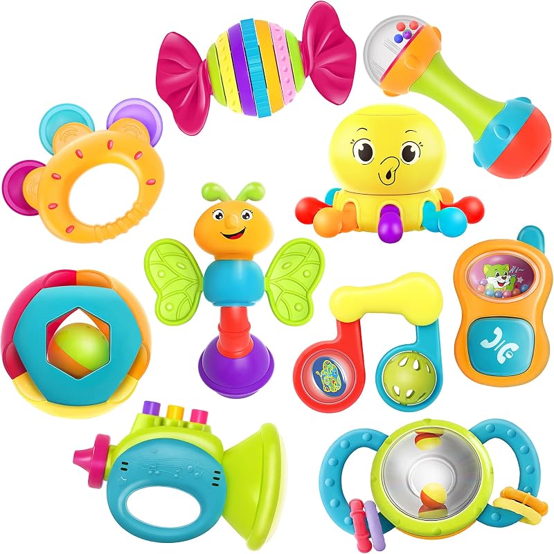 10 juguetes sonajero para bebé de 3 a 6 a 12 meses, dentición sensorial infantil | Juego de mordedor con sonajeros para bebés, juguete de aprendizaje para el desarrollo de batidos, regalo de cumpleaños para recién nacidos, 0, 1, 2, 4, 5, 7, 9, 10 meses, niño y niña