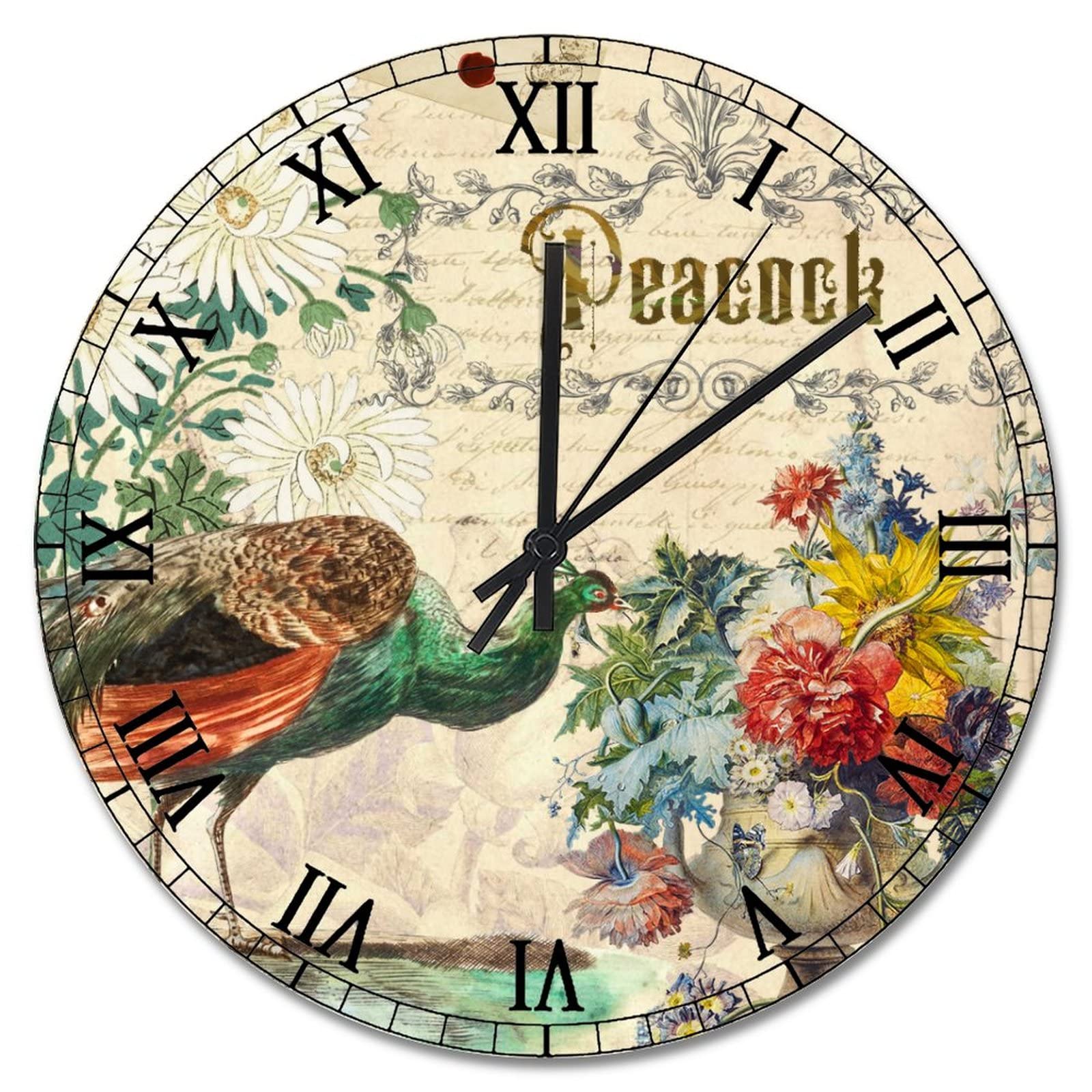 Horloge murale vintage de 38,1 cm conçue en bois robuste ornée d'un motif plumes de paon soigné