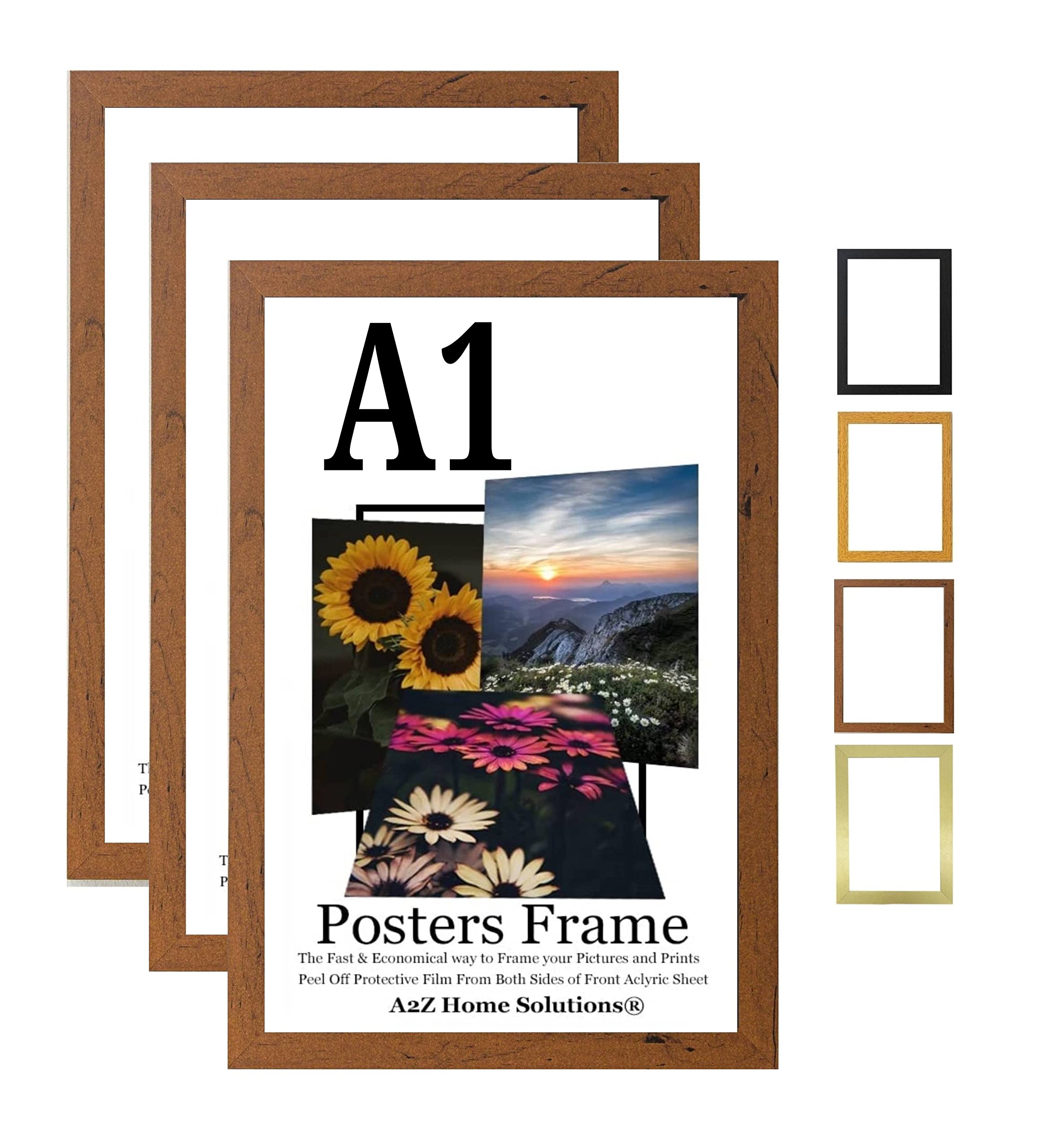 A2Z Home Solutions® Multipack Walnut A1 Poster Frames 59.4 x 84.1 c Safe Clear Perspex Front & Wall Mounting A1 Frames In Multiple Colors MDF Backboard Portrait or Landscape (3)