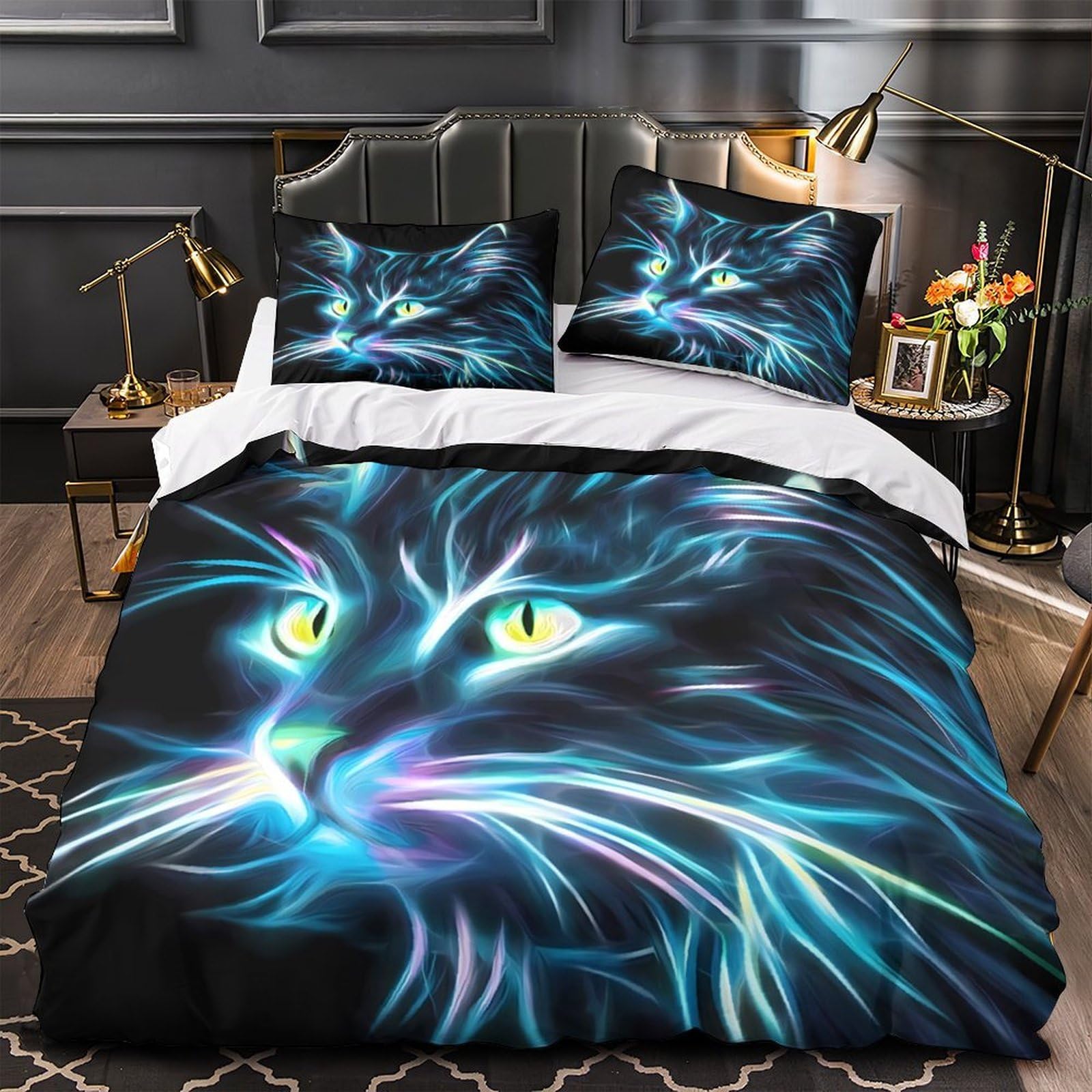 Housse de couette anti-décoloration motif chat néon 3D imprimé