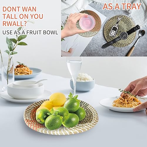 Vista 29 de Juego de 6 cestas de pared bohemias – Decoración de pared tejida para colgar, cesta tejida hecha a mano, redondas, planas, arte de pared