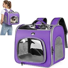 ALLSOPETS Foldable Dog Cat Backpack with Breathable Window and Safety Hook, Dog Backpack with Front Opening for Travel Hiking Walks (Lavender)