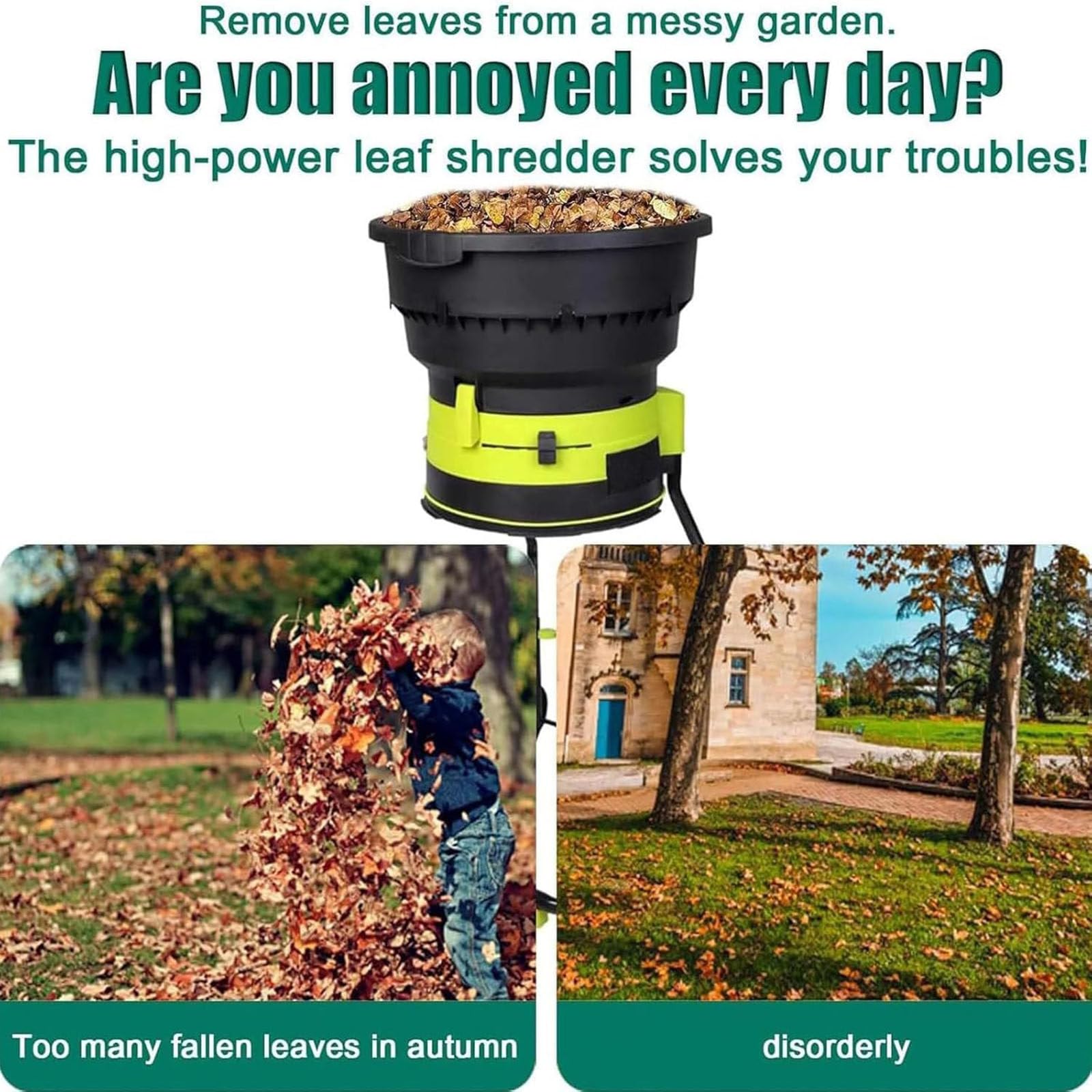 Trituradora y trituradora eléctrica de hojas de jardín con potencia de 2500 W y motor de 8000 RPM para una reducción eficiente de residuos de patio, ideal para hojas secas, hierba y recortes