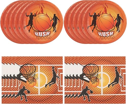 Juhap Paquete de 40 suministros para fiesta de cumpleaños de baloncesto para niños juego de vajilla para fiesta temática deportiva incluye 20 platos