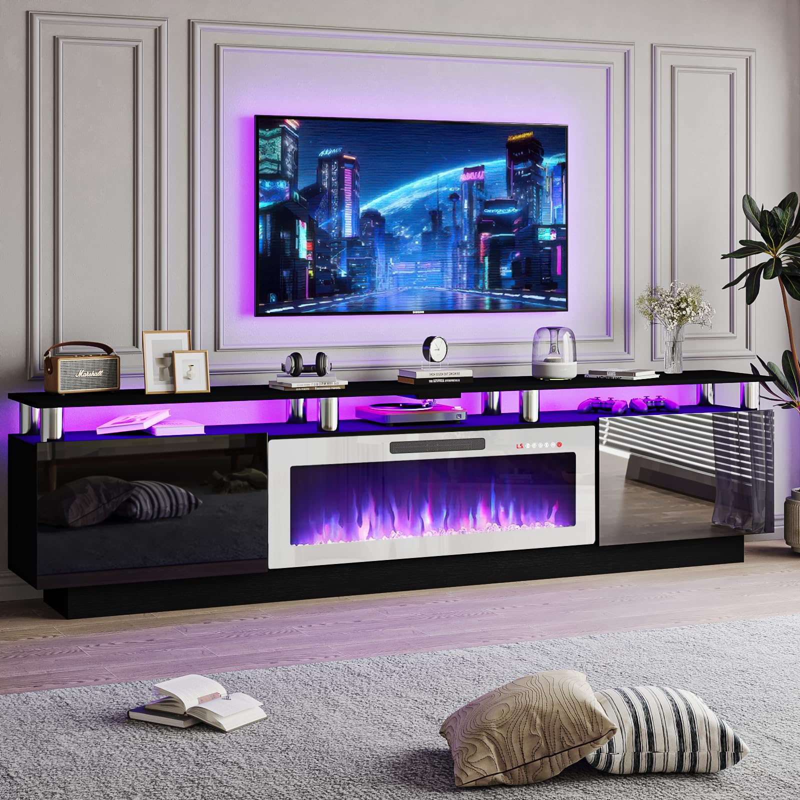 Fully assembled PRETZI 80-inch Modern Fireplace TV Stand with a large TV on top, showcasing the electric fireplace and LED lighting.