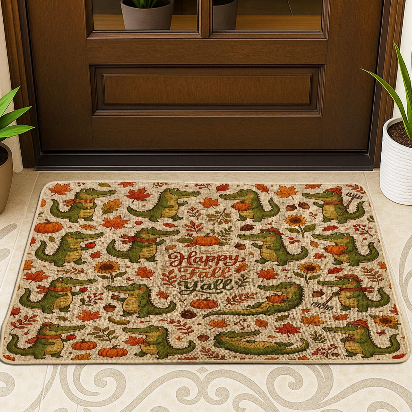 Tapete para puerta exterior negro de 29x17 pulgadas con patrón de cocodrilo otoñal antideslizante