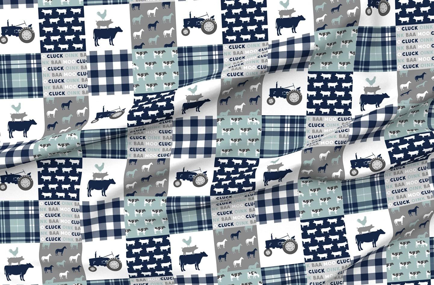 Spoonflower Fabric - Farm Wholecloth Cheater Quilt Tractor Patchwork Navy Dusty Blue Printed on Minky Fabric by The Yard - Sewing Baby Blankets Quilt Backing Plush
