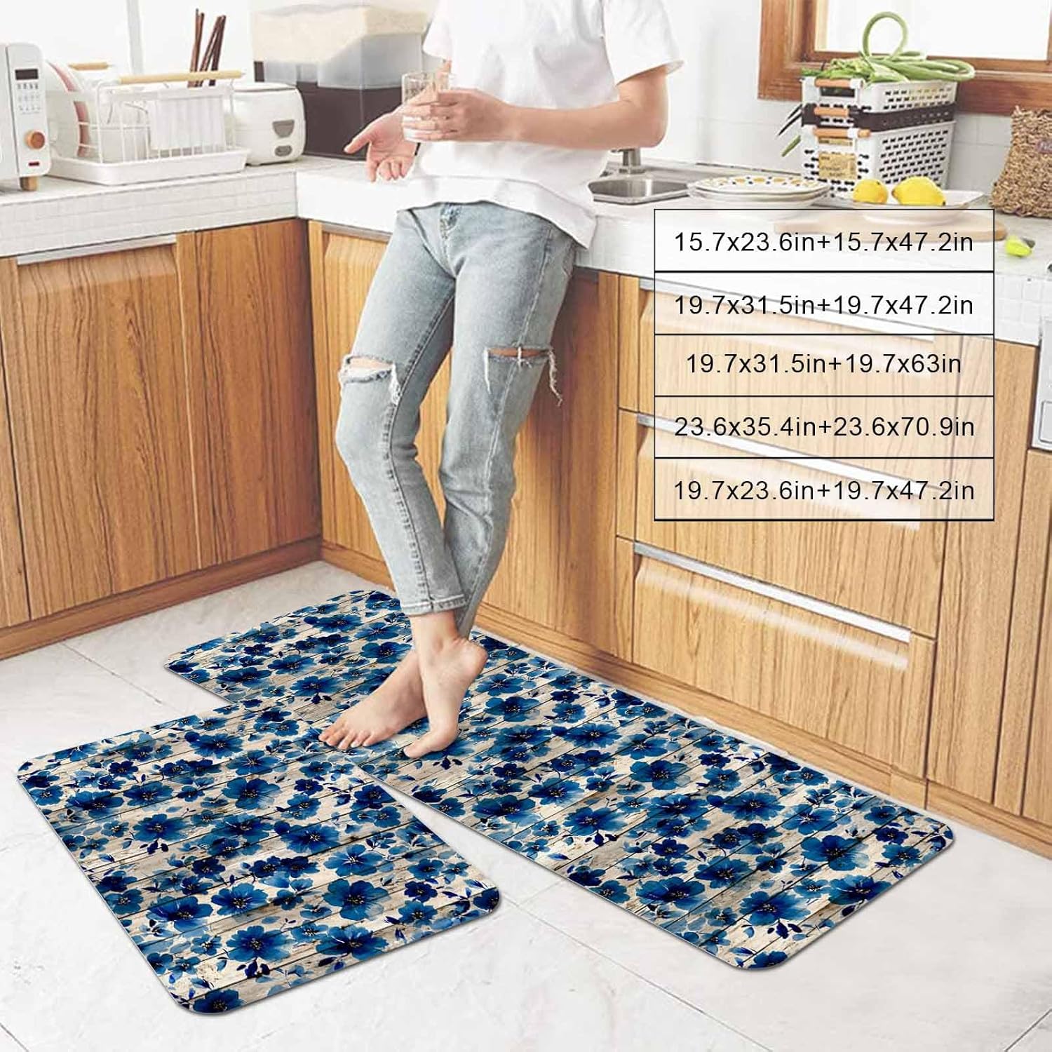 Blue Flower Kitchen Mat Set 2 Pieces Watercolor Floral Vintage Wood Striped Country Non Slip Kitchen Rugs Washable Runner Rug Mats for Floor Sink Laundry Office 23.6" x 35.4"+23.6" x 70.9"