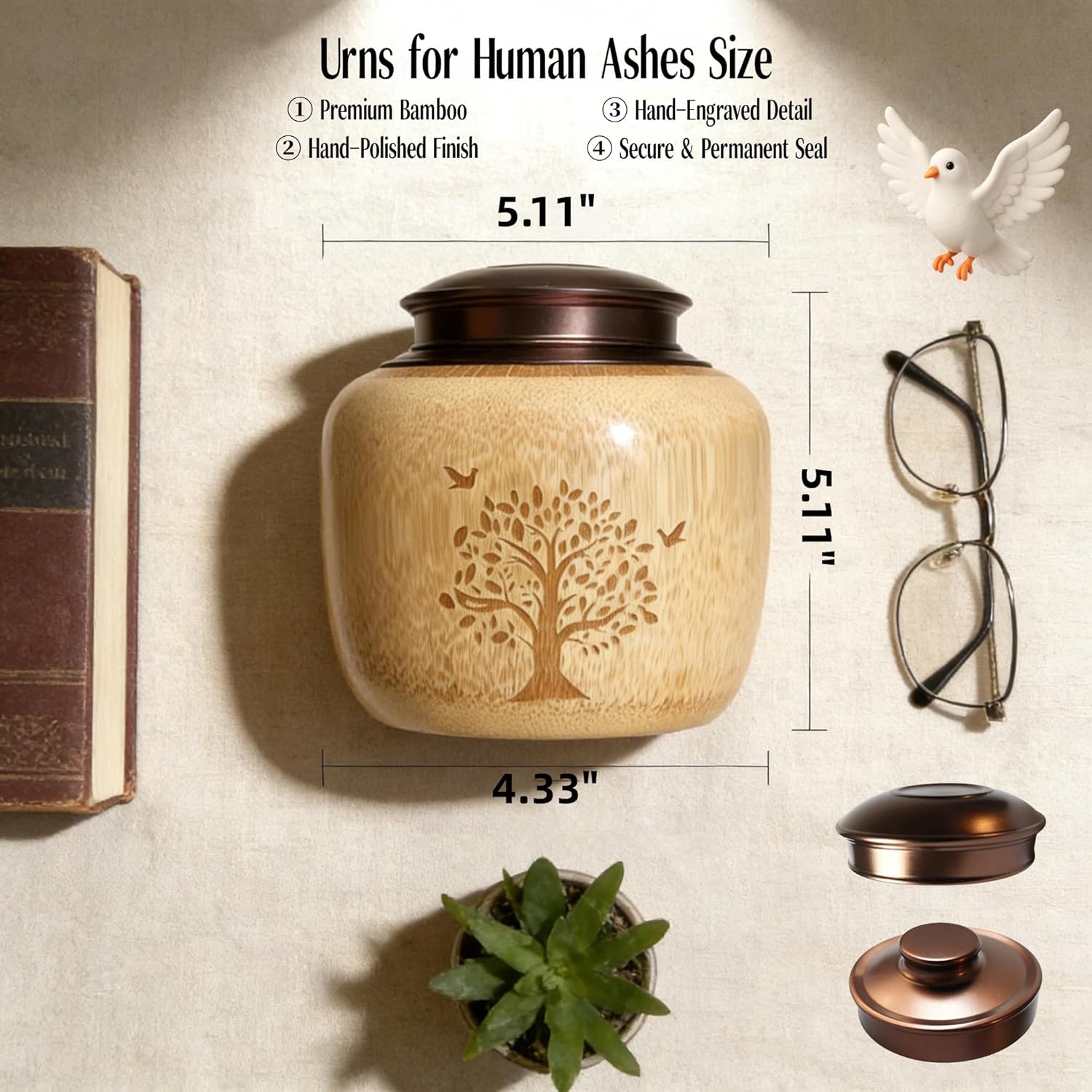 Cremation Urns for Human Ashes, Urn for Ashes Adult Male with Tree of Life, Bamboo Small Urns for Human Ashes, Memorial Funeral Urn for Men Women Dad Mom,Up to 30 cu in (Small)