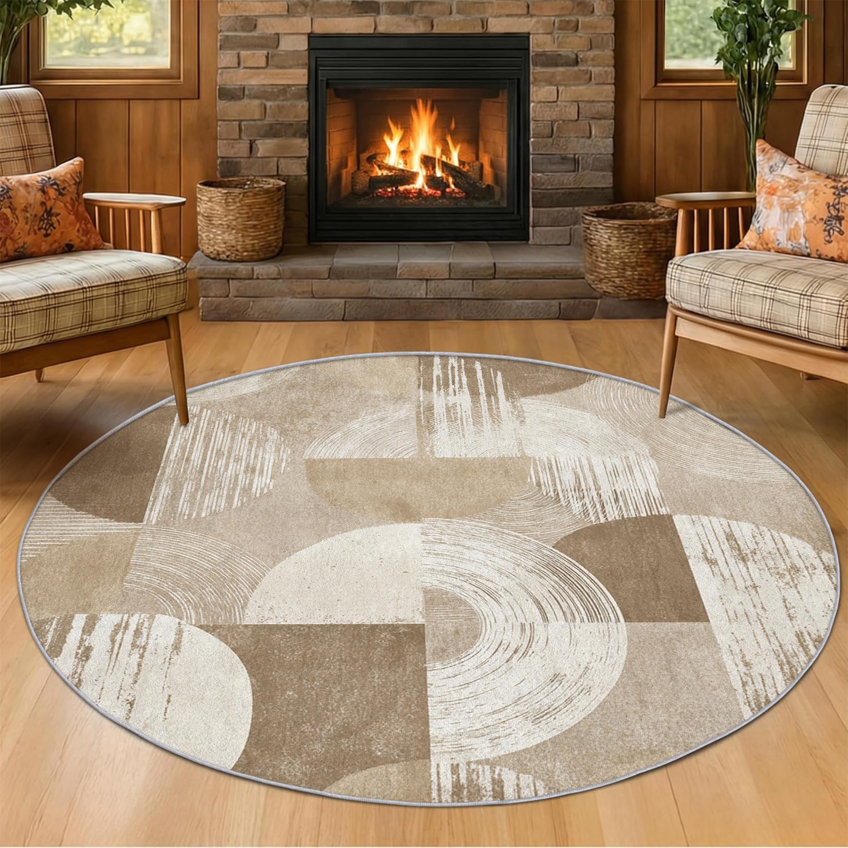 Tapis scandinave salon rond 180 cm beige et motif nordique abstrait pour chambre moderne