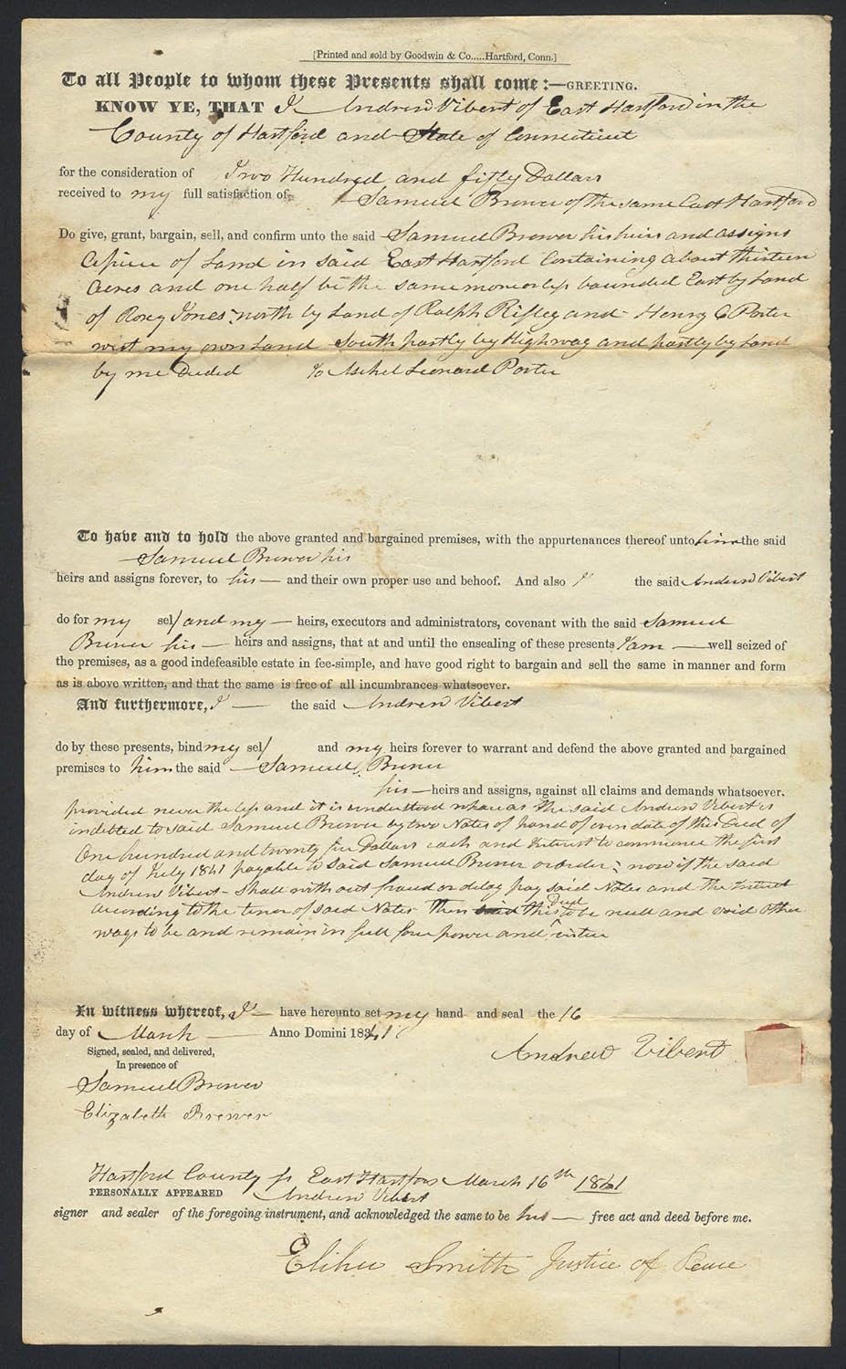 Andrew Vibert to Samuel Brewer E Hartford CT deed 1841 Collectibles & Fine Art