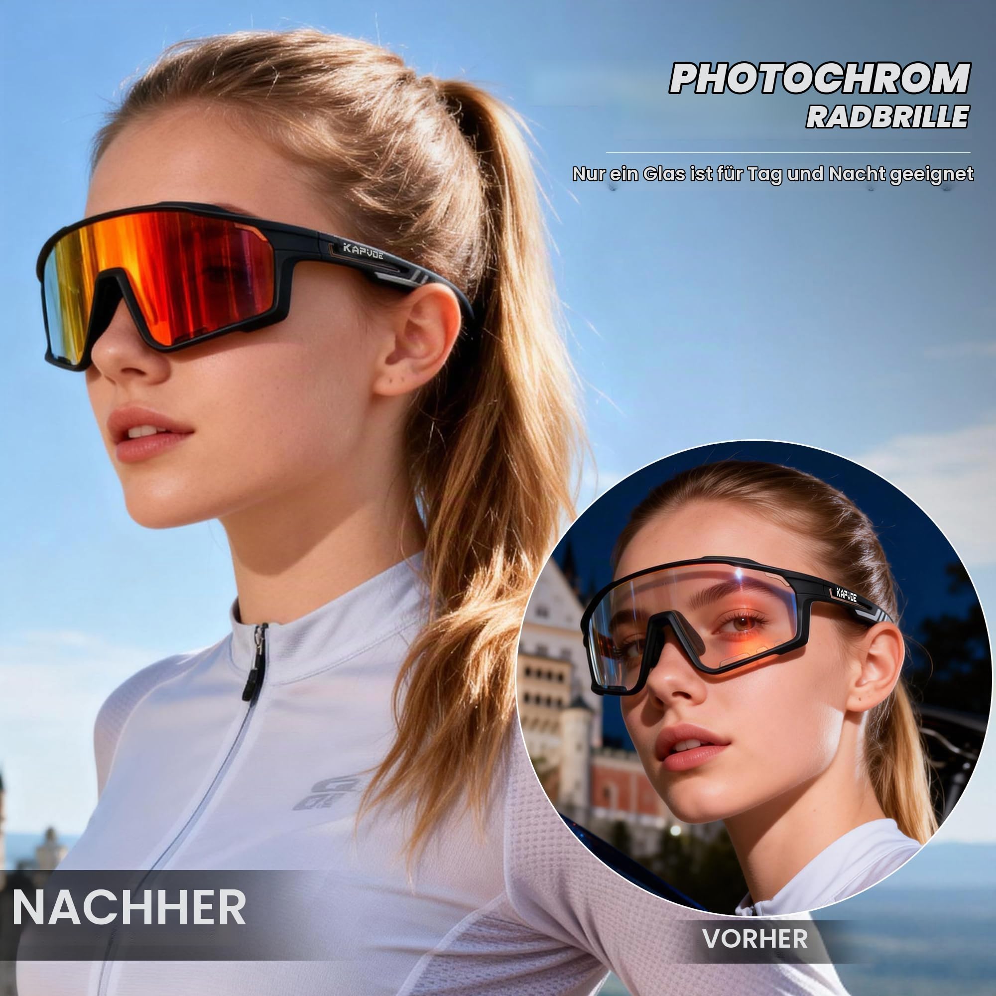 KAPVOE Selbsttönende Fahrradbrille Herren Damen K76 | TR90-Rahmen für Radfahren und Laufen.