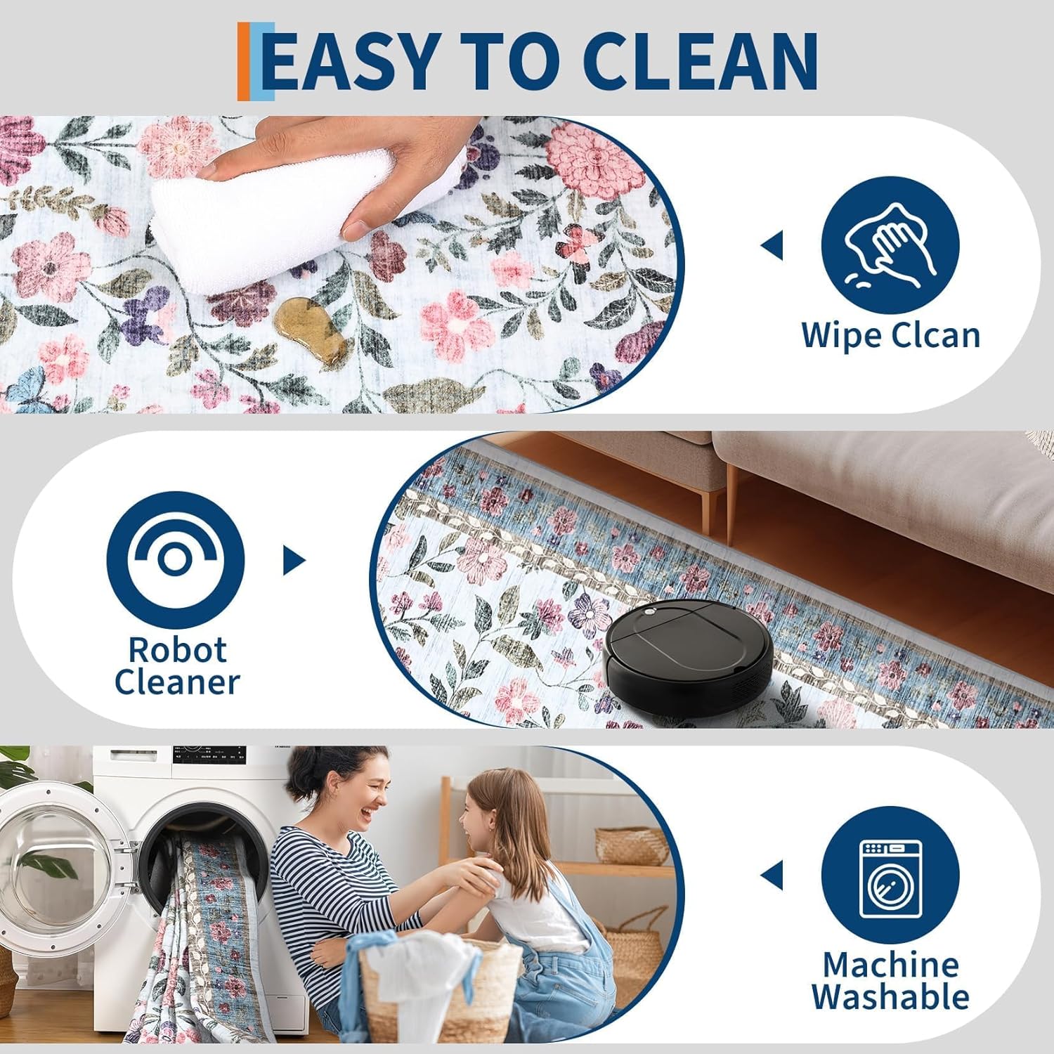 GarveeHome 8x10 Washable Floral Distressed Rug, Vintage Farmhouse Area Rug for Living Room, Non-Slip Low Pile Soft Carpet for Nursery Bedroom Dining Room Home Office, Light Blue