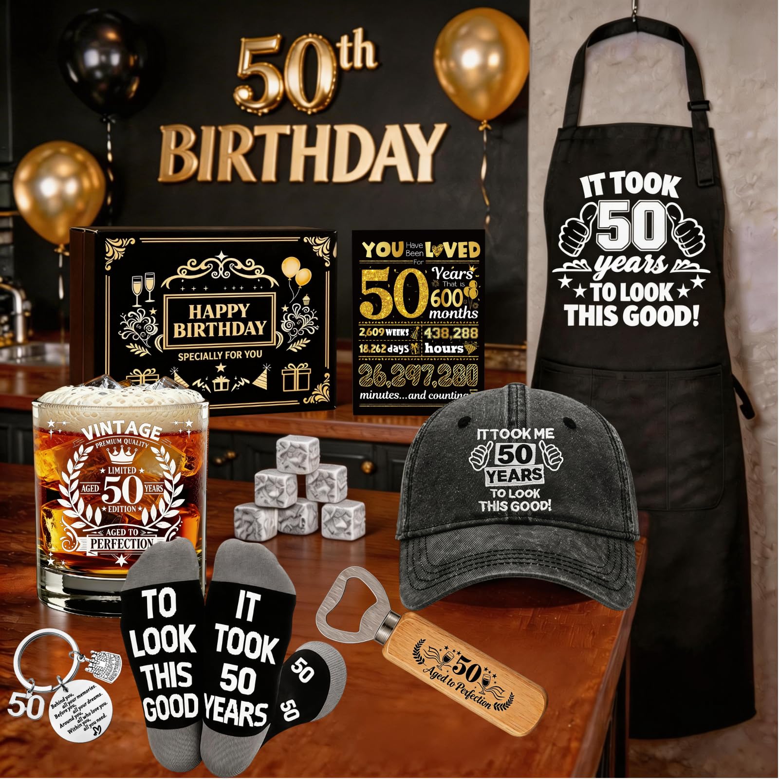 Juego de vasos de whisky de regalo de 50 cumpleaños para hombres, regalos geniales para hombres de 50 años con delantal de cristal de whisky de 11 onzas, gorra de béisbol, llavero, abrebotellas