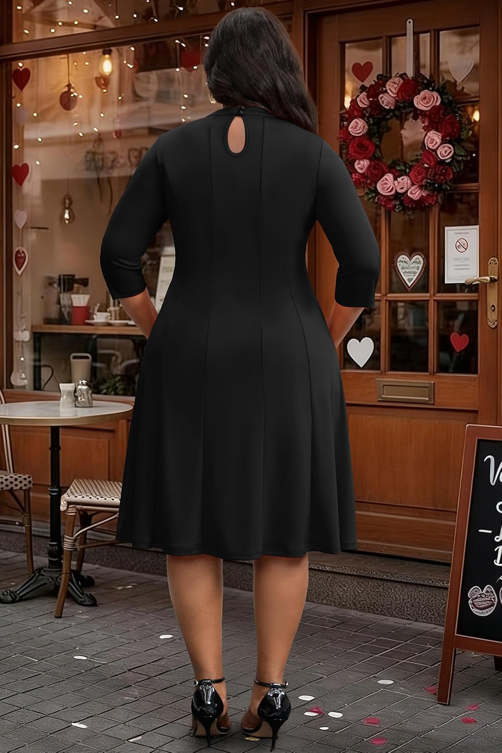 Runwind Plus Size Dresses for Curvy Women, V-Neck 3/4 Sleeve Semi-Formal Fall Church Wedding Guest Cocktail Party Midi Dress