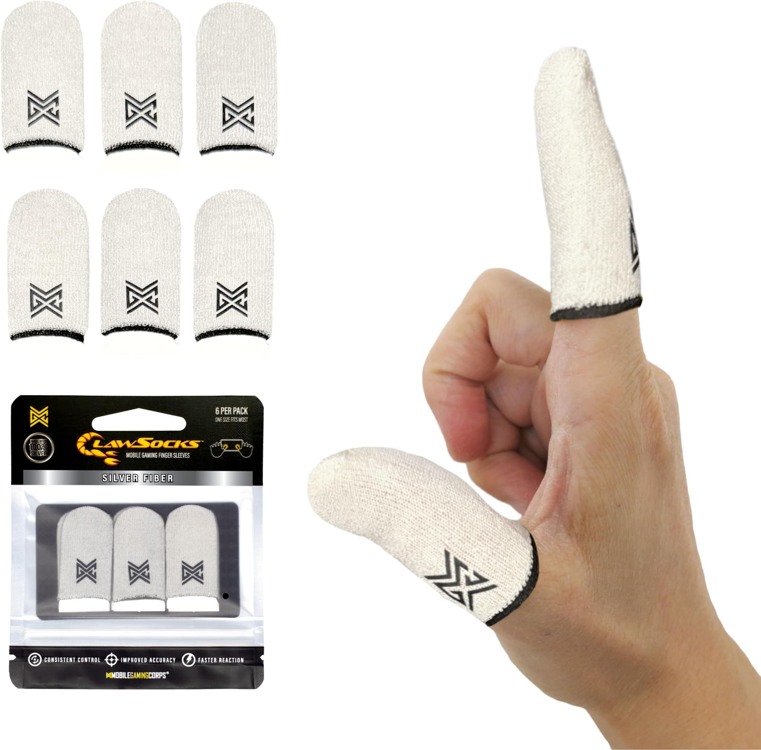 MOBILEGAMINGCORPS Mobile Gaming Corps ClawSocks Cell Phone Finger Sleeves - Silver White Thread, Pack of 6