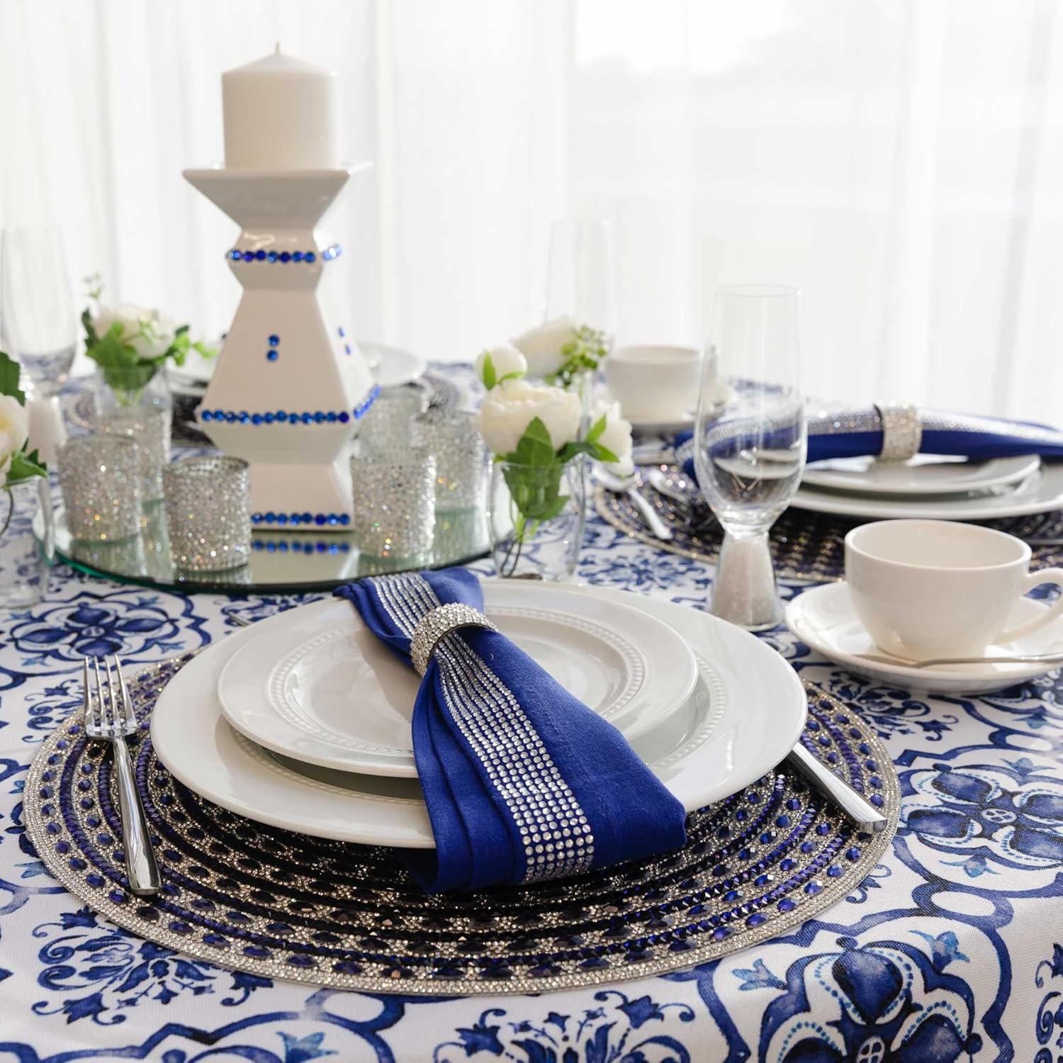 Gatsby Placemat, Glass Rhinestones, Heat Resistant, Protective Backing, for Sophisticated Dining Table Setting, Event, Wedding, Royal, 15", Sold Individually