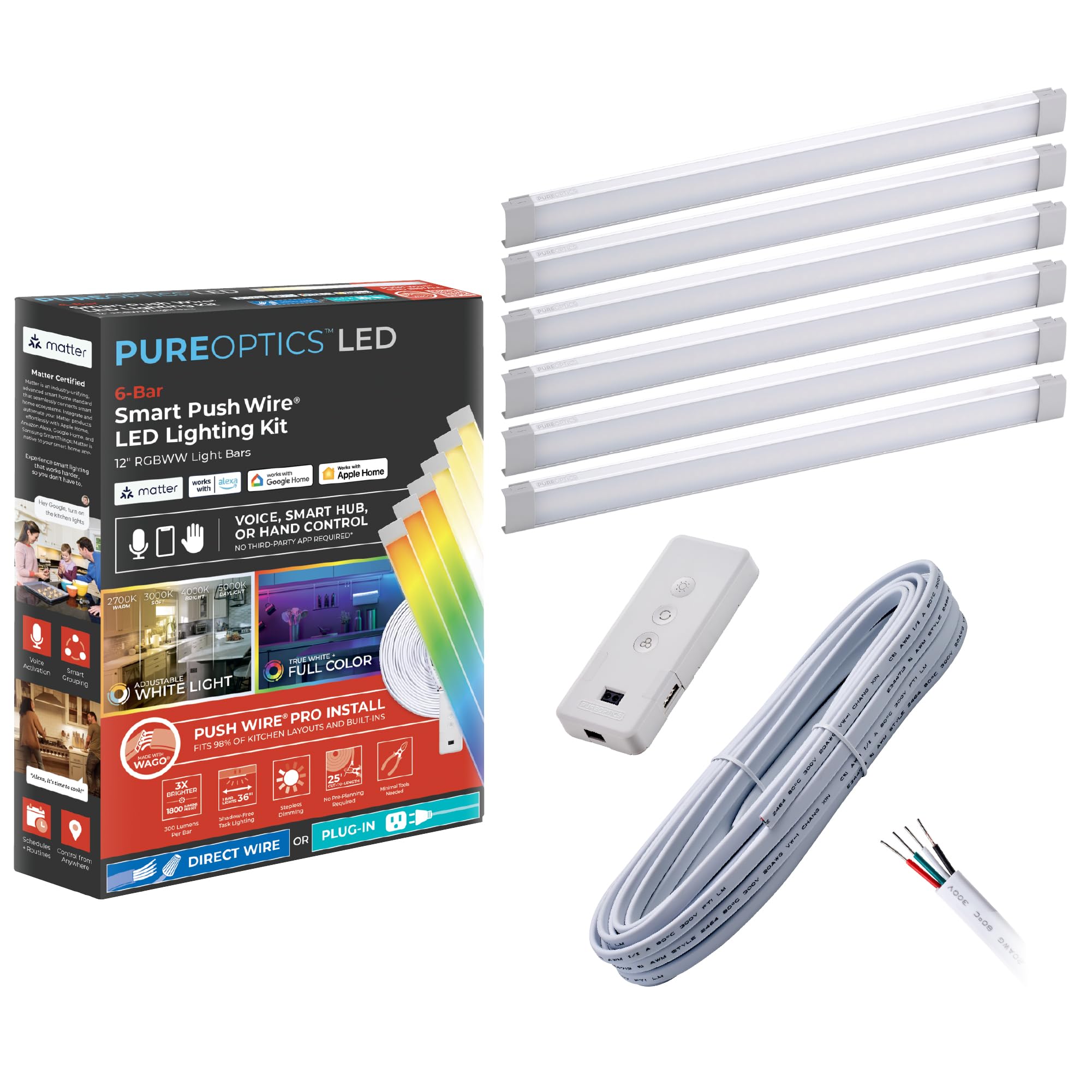 PureOptics LED Professional Push Wire Matter Certified Smart Under Cabinet Lighting Kit
