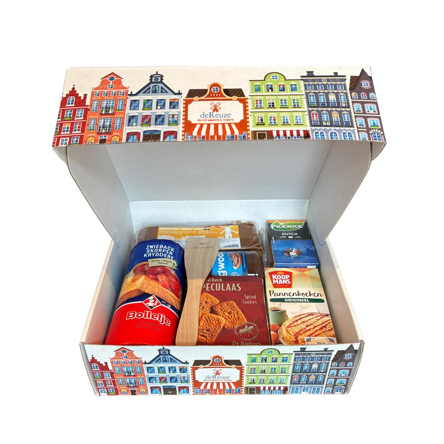 DeReuze European Breakfast Gift Basket – with Dutch Pancake Mix Morning Tea Holland Rusk Toast Honey Cake and More – Warm, Authentic Netherlands Snack Box for Family or Friends