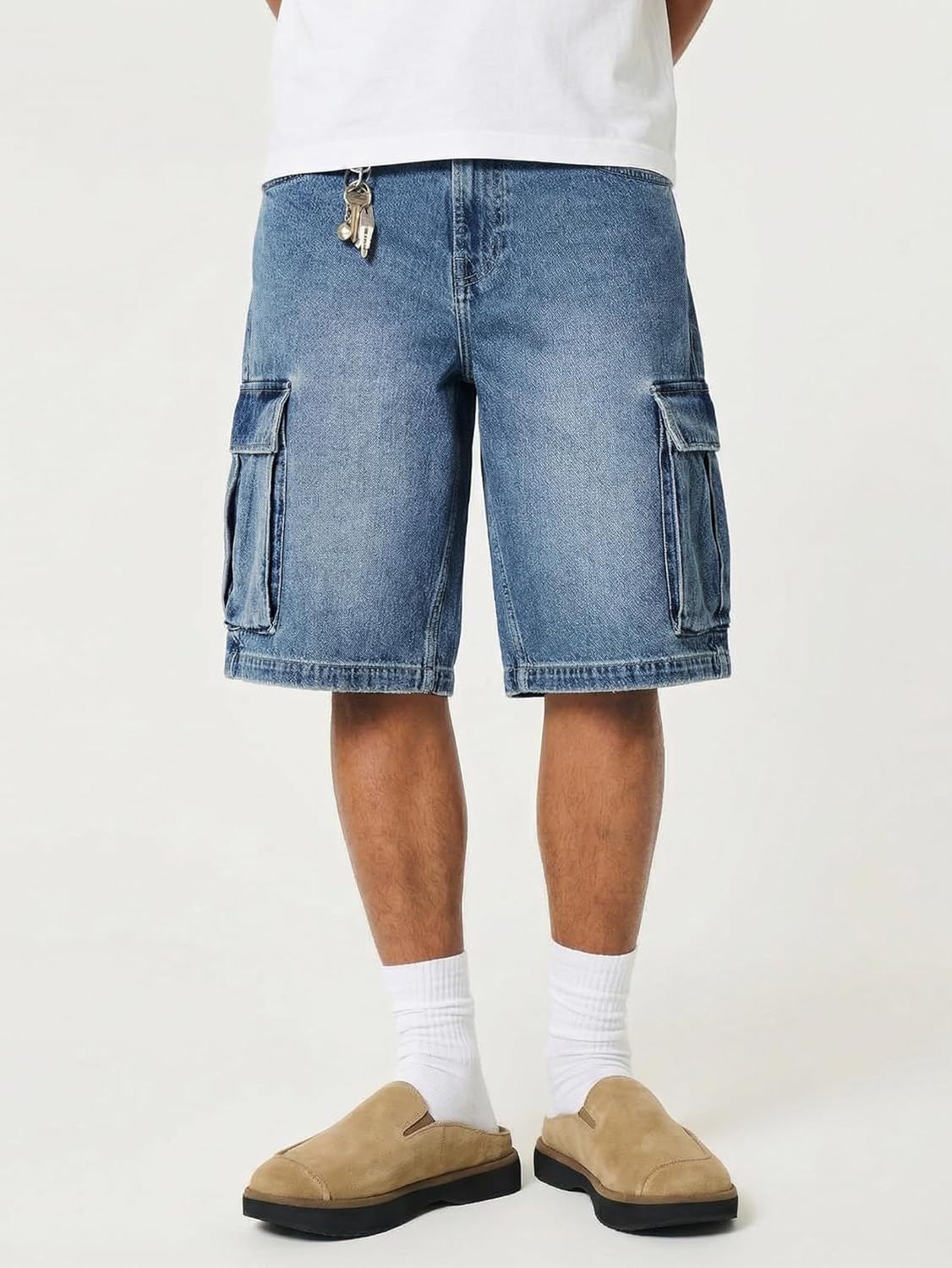 Mens Y2K Carpenter Baggy Jean Shorts, Ripped Jorts Wide Leg, Distressed Cargo Long Denim Shorts Loose Fit Streetwear Summer