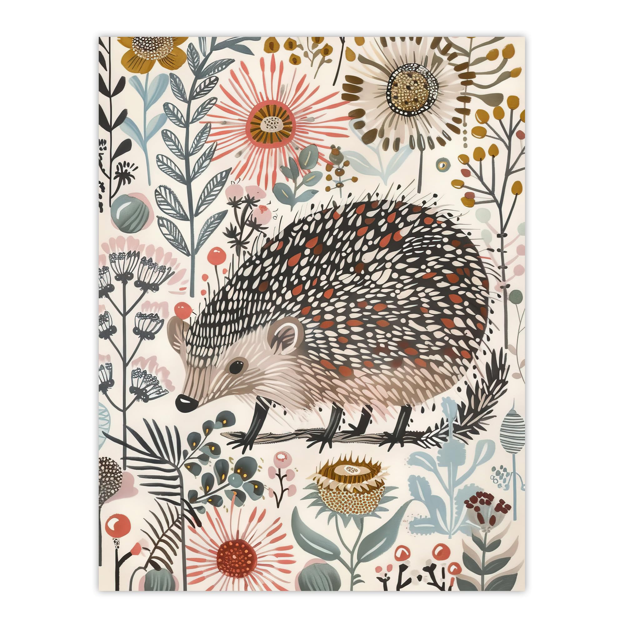 Artery8 Hedgehog Flowers Artwork Rustic Woodland Floral Living Room Extra Large XL Wall Art Poster Print, Unframed 24X32", 81L x 61W cm