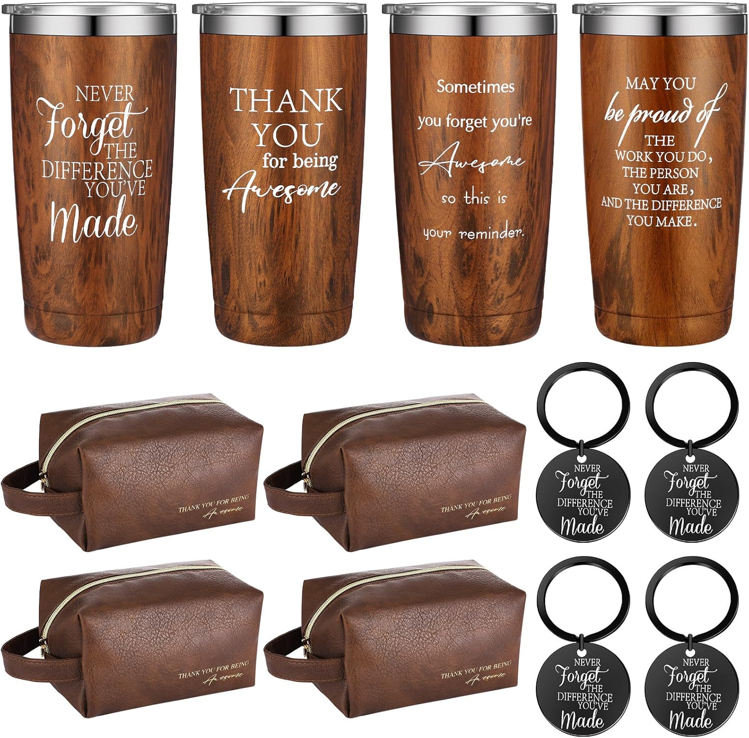 12 Pcs Thank You Gift for Men 20 oz Stainless Steel Tumbler with Lid Leather Toiletry Bag Inspirational Keychain Employee Appreciation Gift Set for Dad Coworker Fathers Day Husband Male Friends Staff