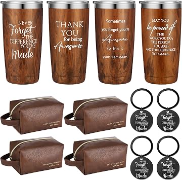 DERTE 12 Pcs Thank You Gift for Men Male Teacher Coworker Employee Appreciation Gift 20 oz Stainless Steel Tumbler with Lid Leather Toiletry Bag Inspirational Keychain Set for Dad Fathers Day Staff