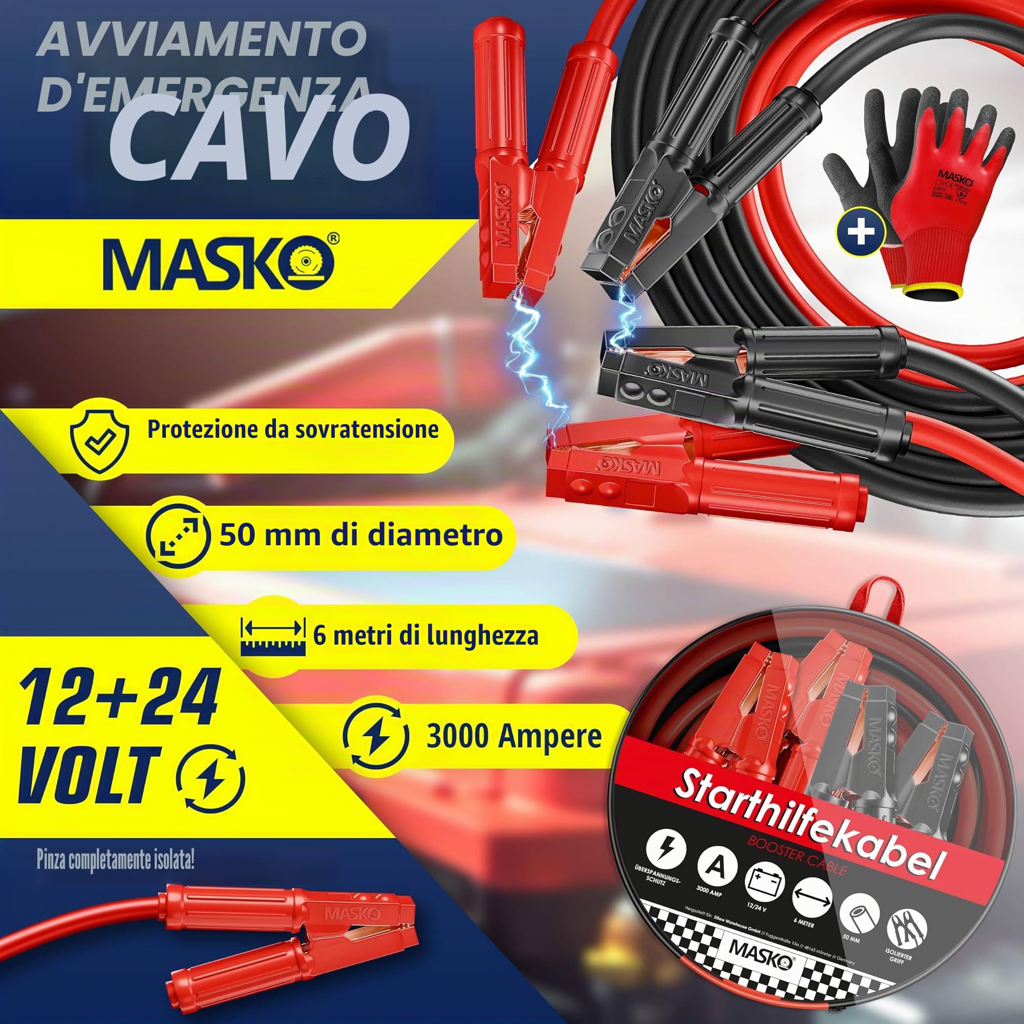 MASKO® - Cavo di avviamento per motori a benzina e diesel, 6/ 12/ 24 Volt, cavo di avviamento per auto e moto, in rame, con guanti e borsa per il trasporto, 2 cavi lunghi 6 m e spessi 50 mm² a 3000 A