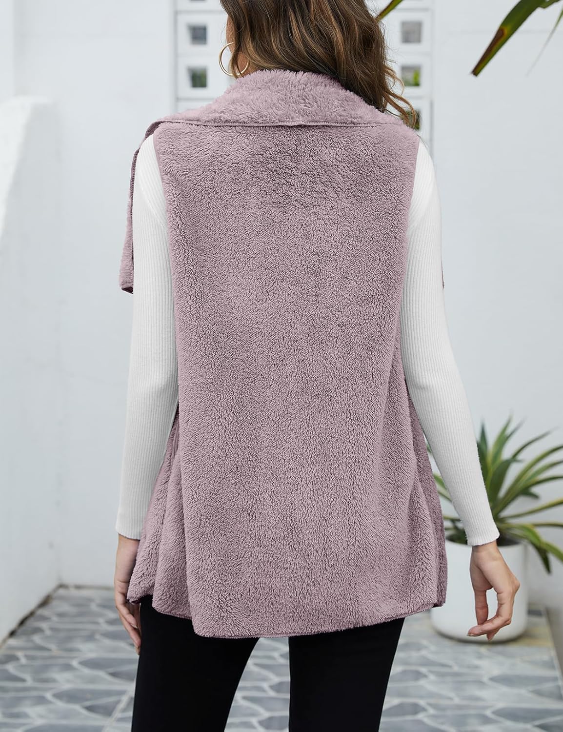 Women Fuzzy Fleece Vest Sleeveless Sherpa Jacket Winter Open Front Fluffy Outerwear Coats with Pockets - Image 3