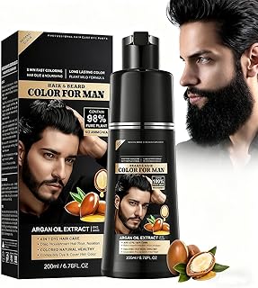 Negro Tinte Pelo Hombre 4 en 1 Champú Colorante con Aceite de Argán, Cobertura Natural de Canas, Champú Anticanas Suave para Barba y Cabello, Cuidado Diario, 200 ml