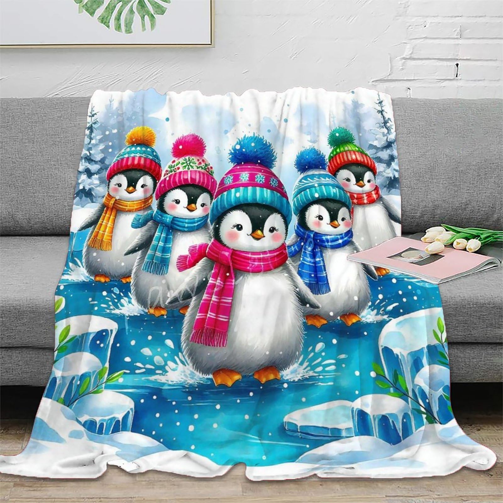 Couverture pingouin idée cadeau originale plaid doux lit microfibre pour anniversaire ado