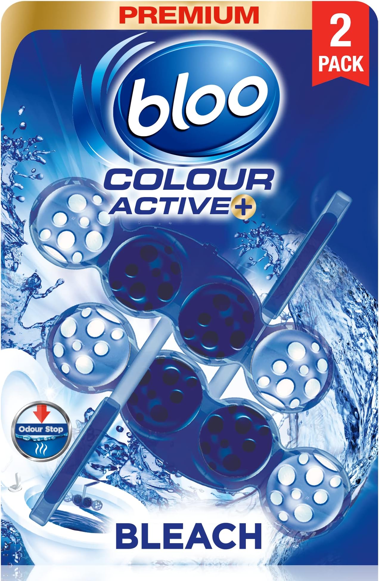 Colour Active Toilet Rim Block Bleach with Anti-Limescale, Cleaning Foam, Dirt Protection and Extra Freshness with Bloo Odour-Stop Technology, Pack of 2 Rimblocks