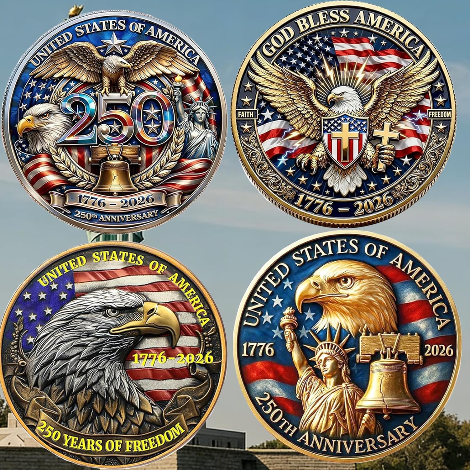 United States 250th Anniversary Collectible Coins, American Eagle and Patriotic Symbol, 1776-2026, for Celebration and Gifting (8Pcs)