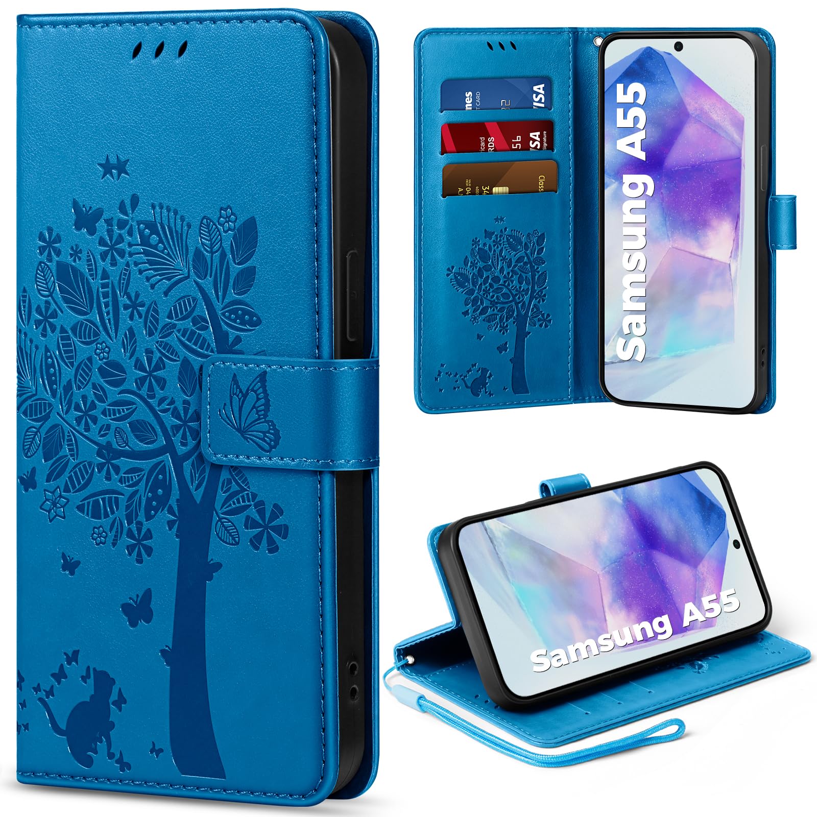 EASDNB Handyhülle für Samsung Galaxy A55 5G Hülle, Flip Lederhülle Wallet Case mit [3 Kartenfächer] [Magnet] [Ständer] Premium Leder Prägung Schutzhülle Klapphülle für Samsung Galaxy A55, Blau