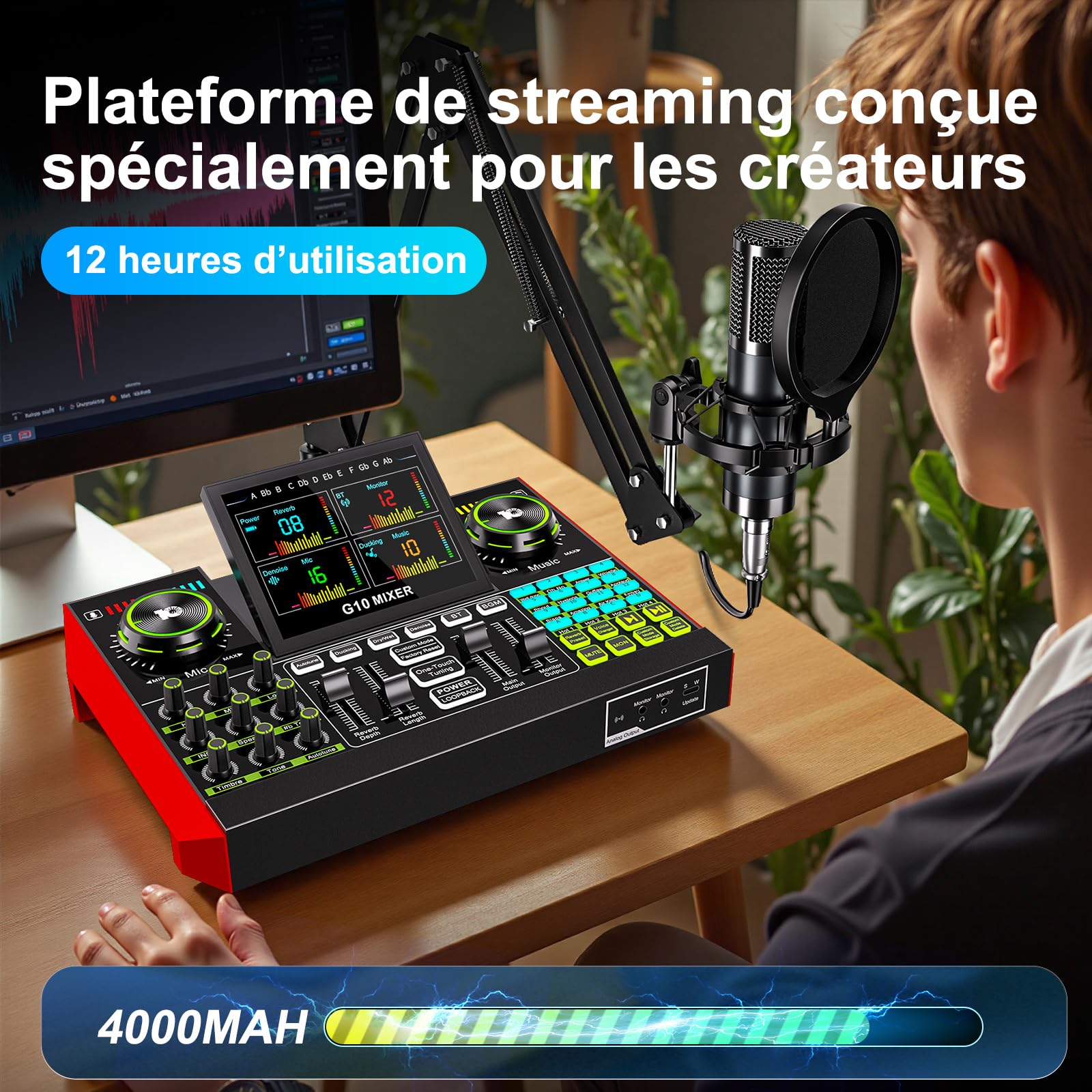 TENLAMP Kit Podcast avec Microphone Condensateur 3,5 mm et Table de Mixage Audio, Équipement Streaming avec Changeur de Voix, Réduction du Bruit pour Streaming, Gaming, Chant et Création de Contenu