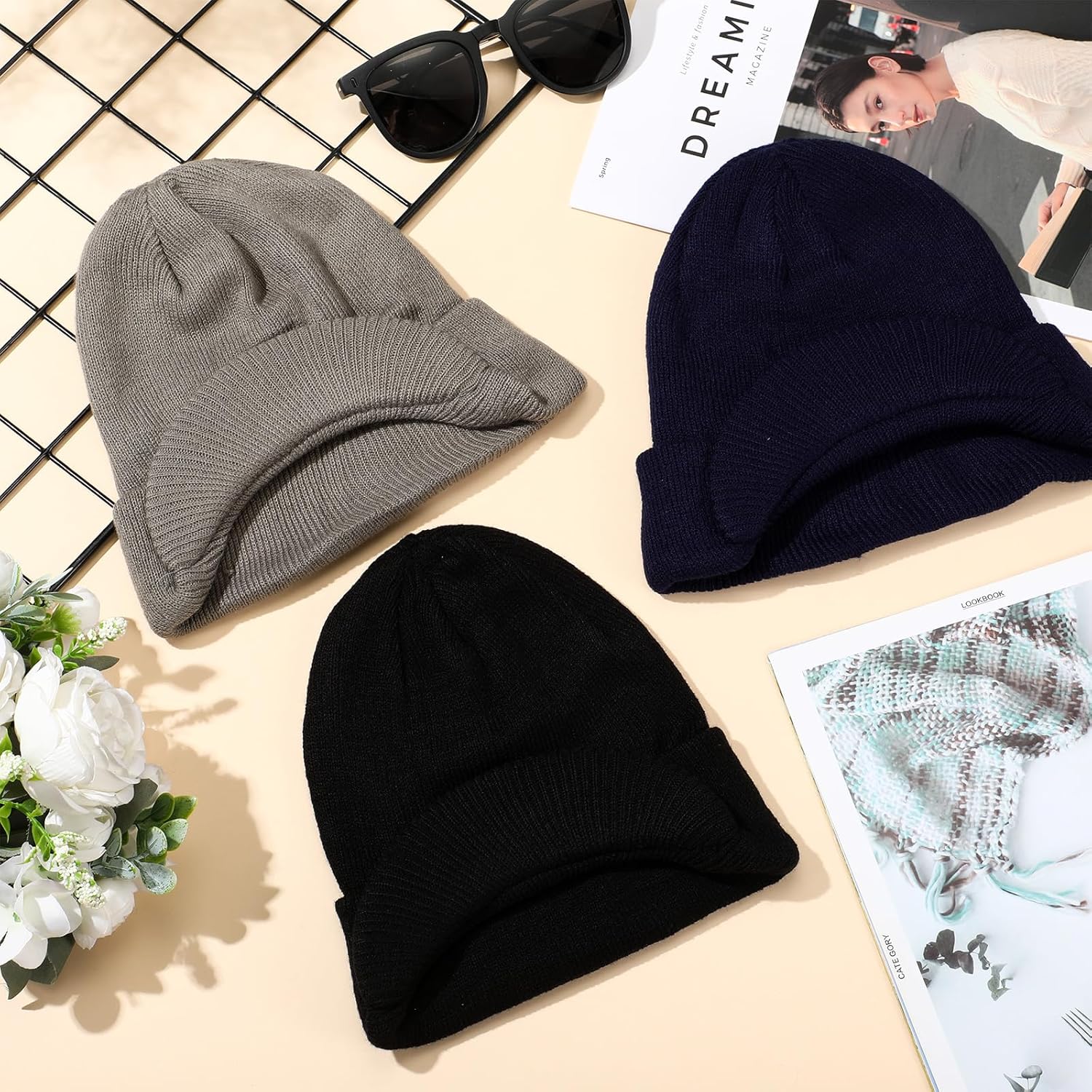 3 Pcs Winter Beanie Hat with Brim for Men Women Warm Double Knit Cuff Beanie Cap for Winter Outdoor Activities - Image 6