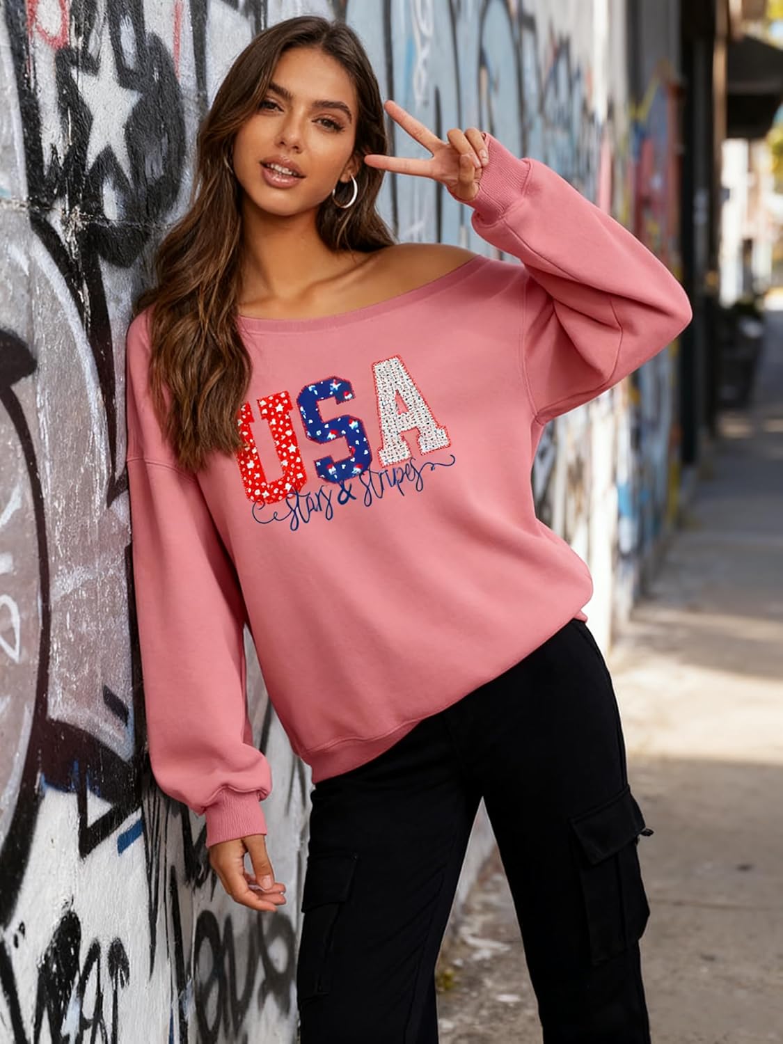 Dressmine Womens Sexy Off Shoulder Sweater USA Sweatshirts Long Sleeve Patriotic Shirt American Flag Hoodie Pullover - Image 5