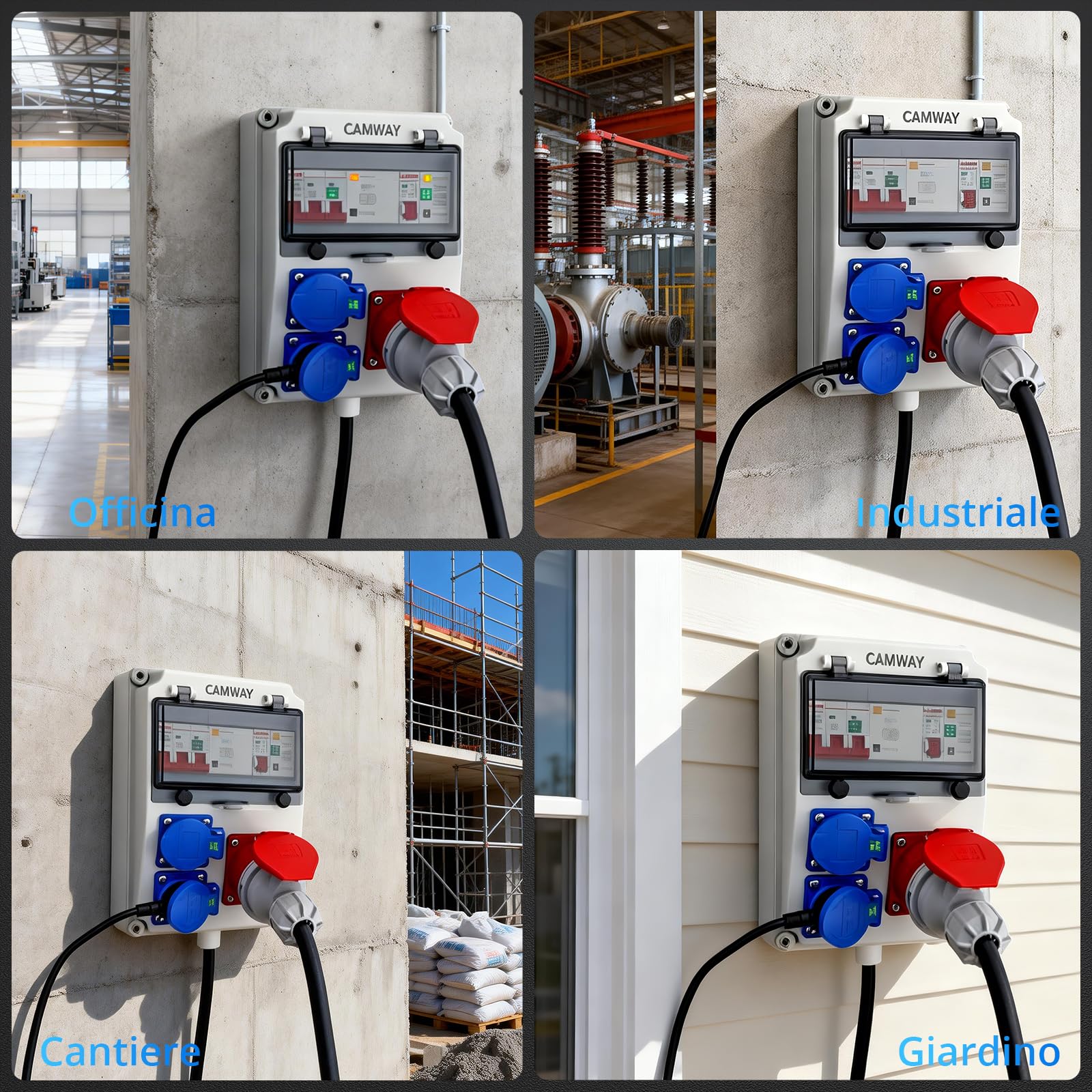 CAMMAY Quadro Elettrico Distributore IP66,230V,Sistema Completo LS/FI,con Multiple Prese Schuko e CEE,Cablaggio a Crimpare Professionale,Quadro Elettrico Esterno da Parete,per Giardini,170*130*250mm