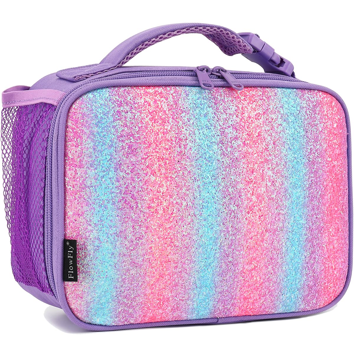 FlowFly Kids Lunch box Insulated Soft Bag Mini Cooler Back to School Thermal Meal Tote Kit for Girls, Boys,Purple#Glitter