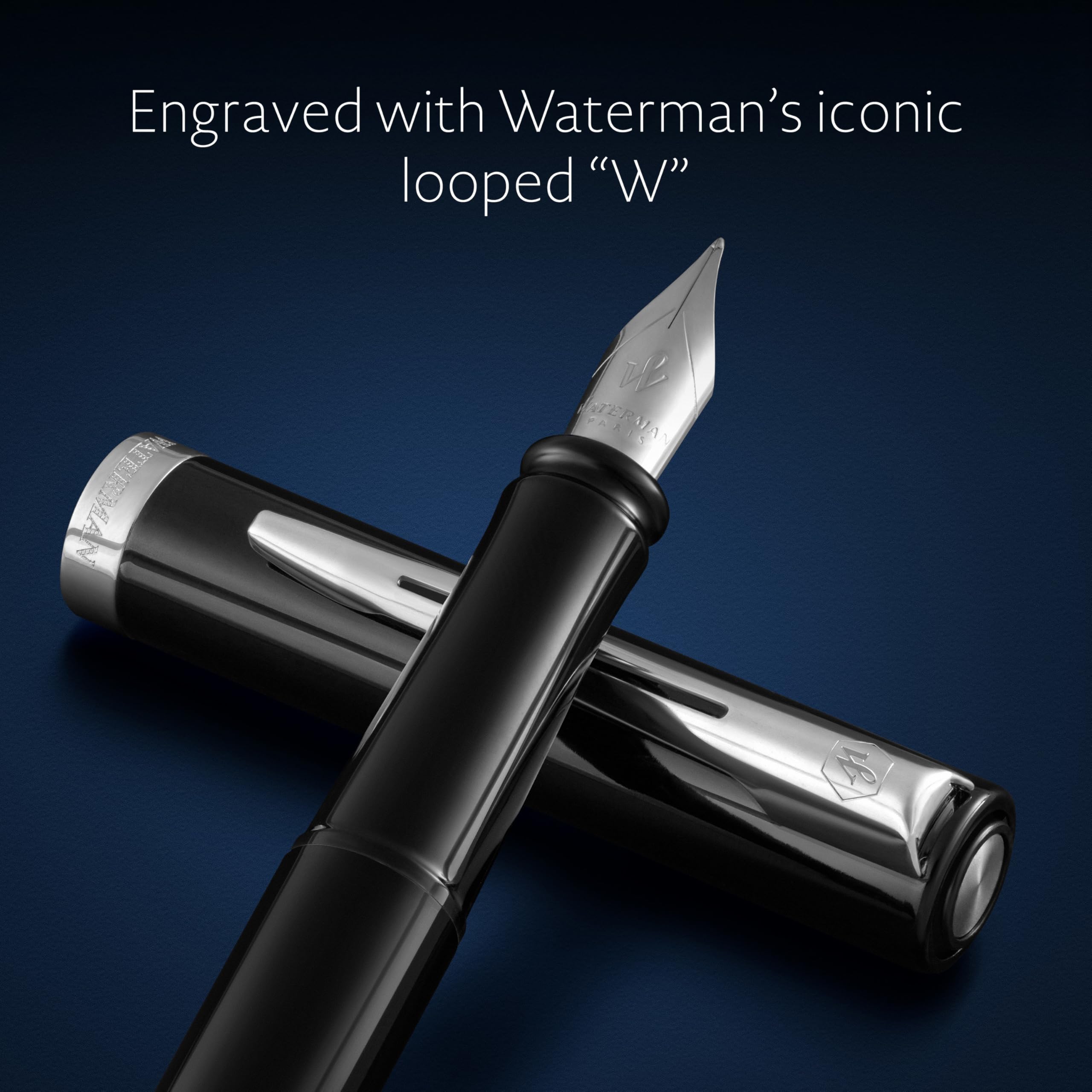 Waterman Impression Wieczne pióro | Cienka stalówka z niebieskim wkładem | Czarny lakier z wykończeniem pokrytym palladem | Pudełko upominkowe