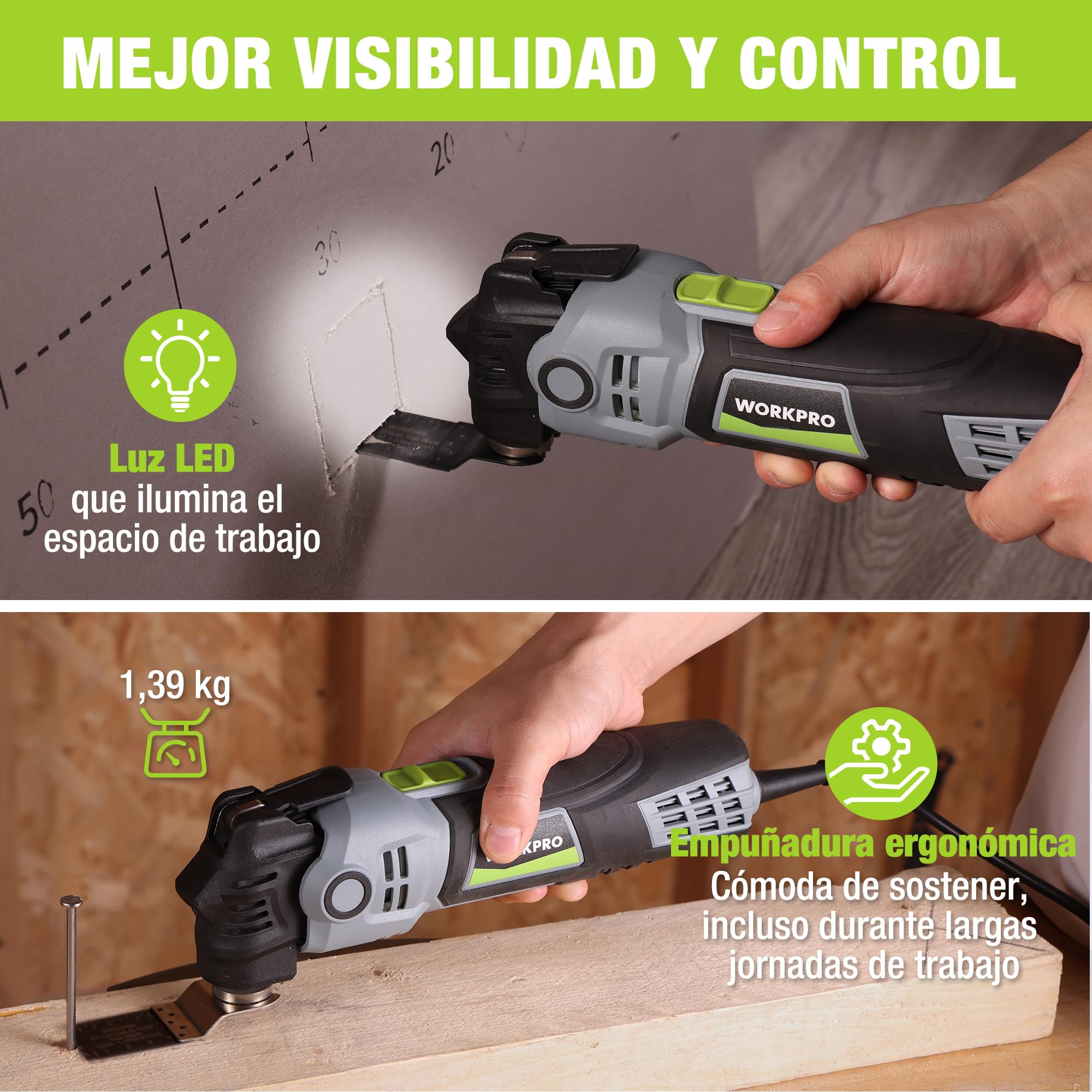 WORKPRO Herramienta Oscilante 400 W, Multiherramienta Eléctrica con 23 Accesorios y Bolsa, 6 Velocidades (15000–22000 RPM), Ángulo de Oscilación de 3,5°, Ideal para Cortar, Lijar y Raspado