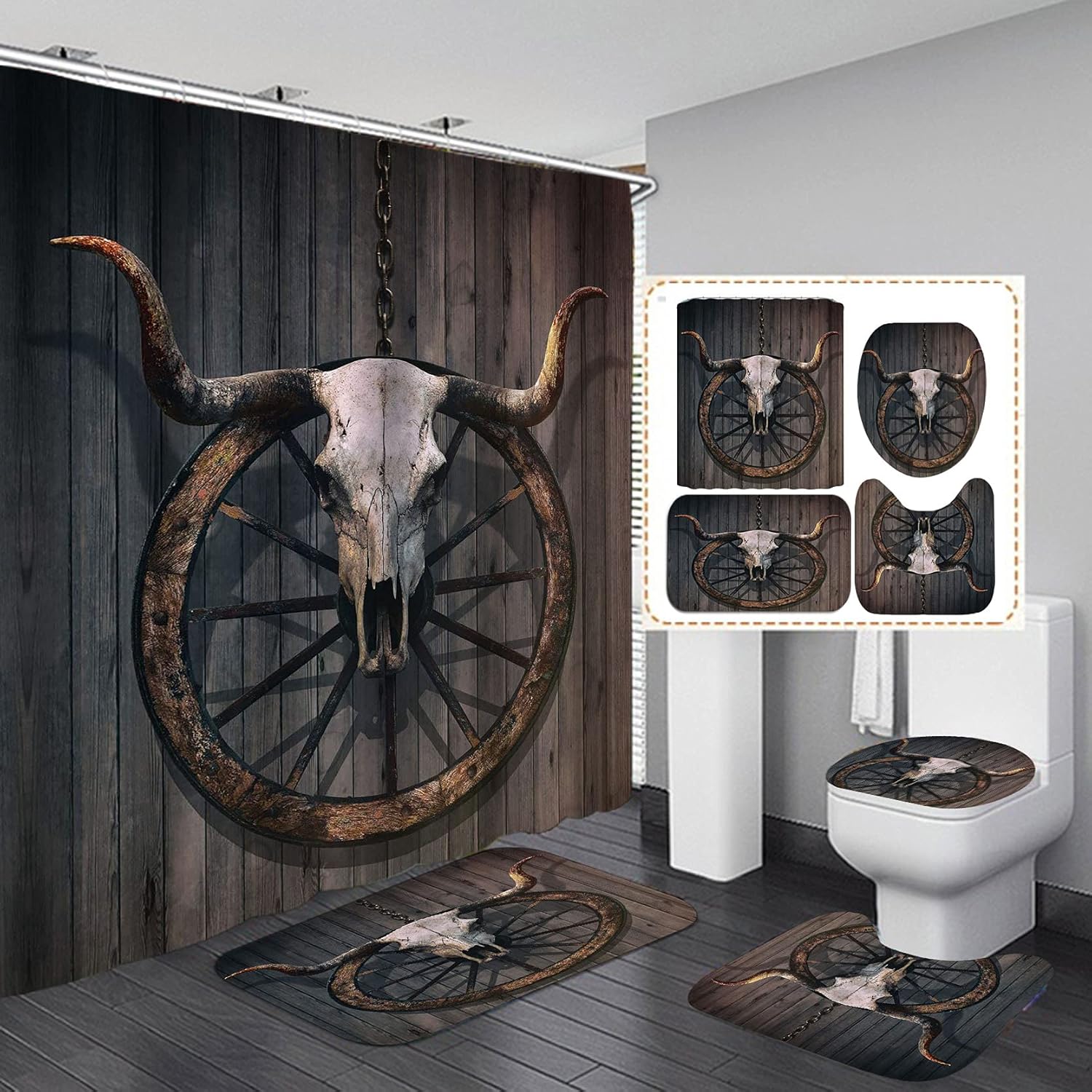 Jayden Madge 4PCS Bull Skull Shower Curtain Set, Vintage Wagon Wheel Cow Skull Man Cave Hunting Lodge Cabin Western Country Barn Rustic Farmhouse Bathroom Decor, Non-Slip Bath Mat Rug, Longhorn Skull