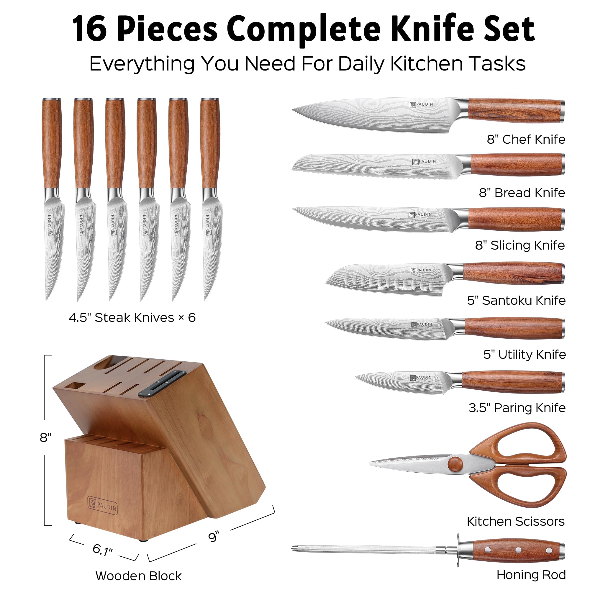 PAUDIN 16-Piece Kitchen Knife Set with Block, Built-in Sharpener, Ultra Sharp 5Cr15Mov Stainless Steel Chef Knives, Natural Wood Handles, Steak Knives, Scissors & Honing Rod, Complete Cutlery Set — Amazon image 7
