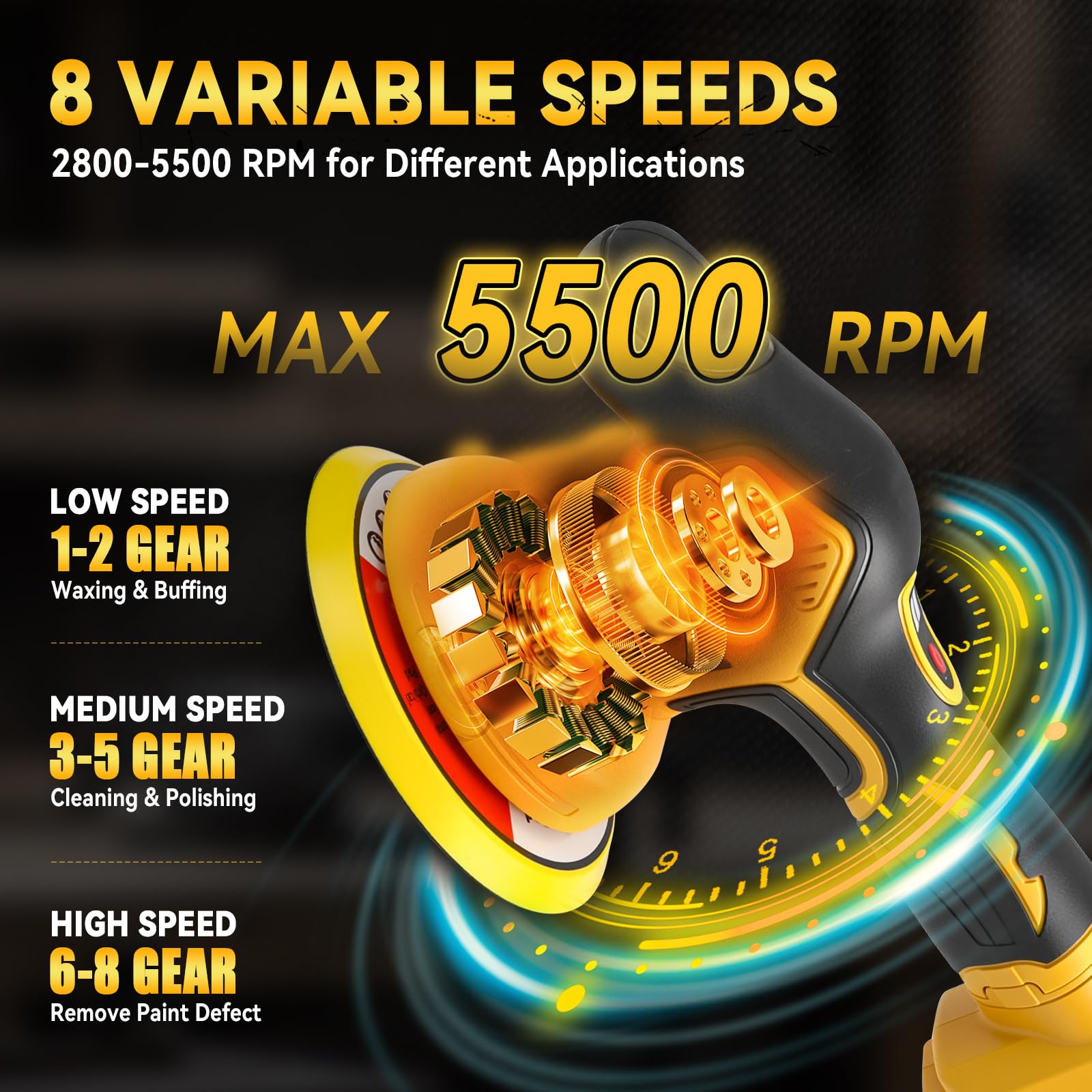 Pulidora de autos inalámbrica para Dewalt, sin escobillas de 6 pulgadas, pulidora orbital de 8 velocidades variables, 5500 RPM para detalles de autos encerado eliminación de rayones (sin batería)